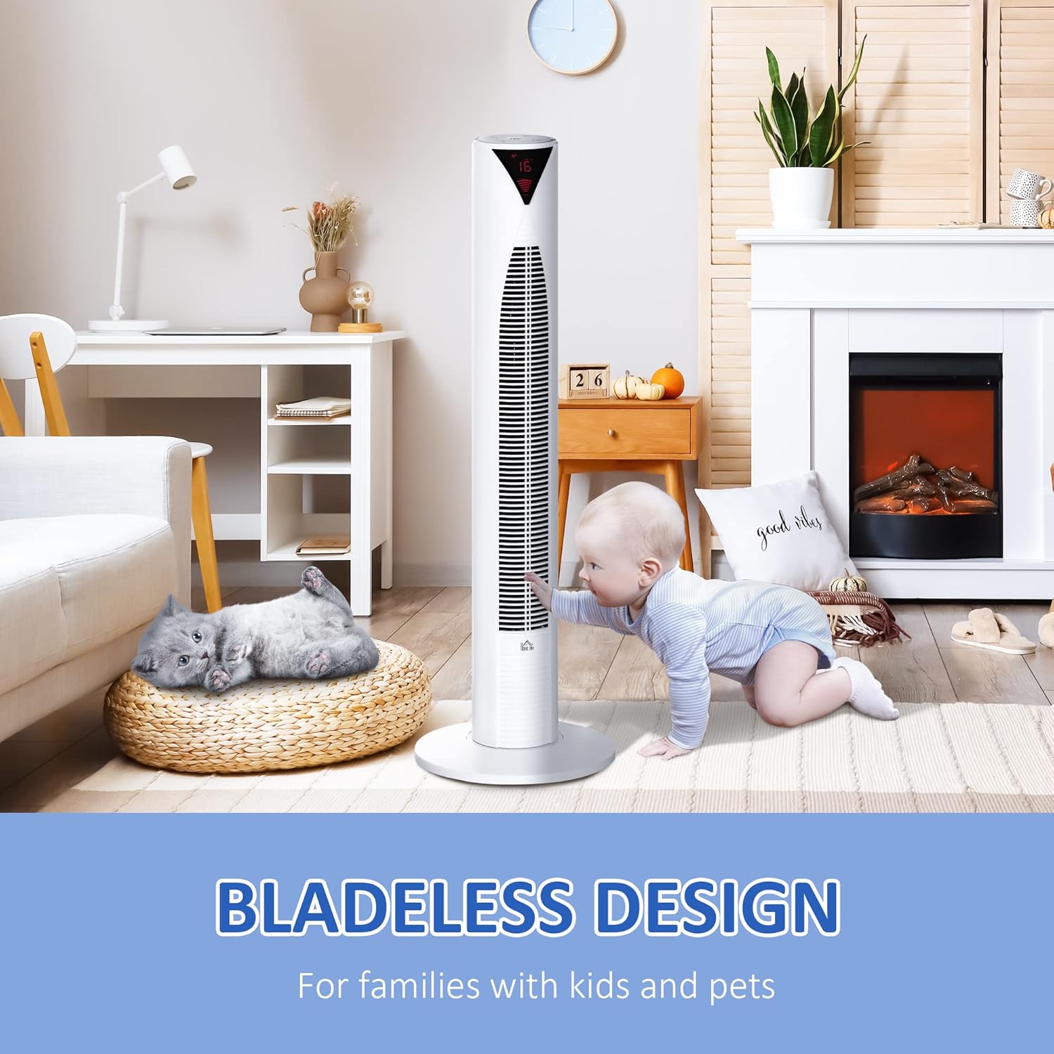 HOMCOM Freestanding Tower Fan Cooling for Home Bedroom with Oscillating, 4 Modes, 3 Speeds, 12h Timer, LED Sensor Panel, Remote Controller, White - Image 8