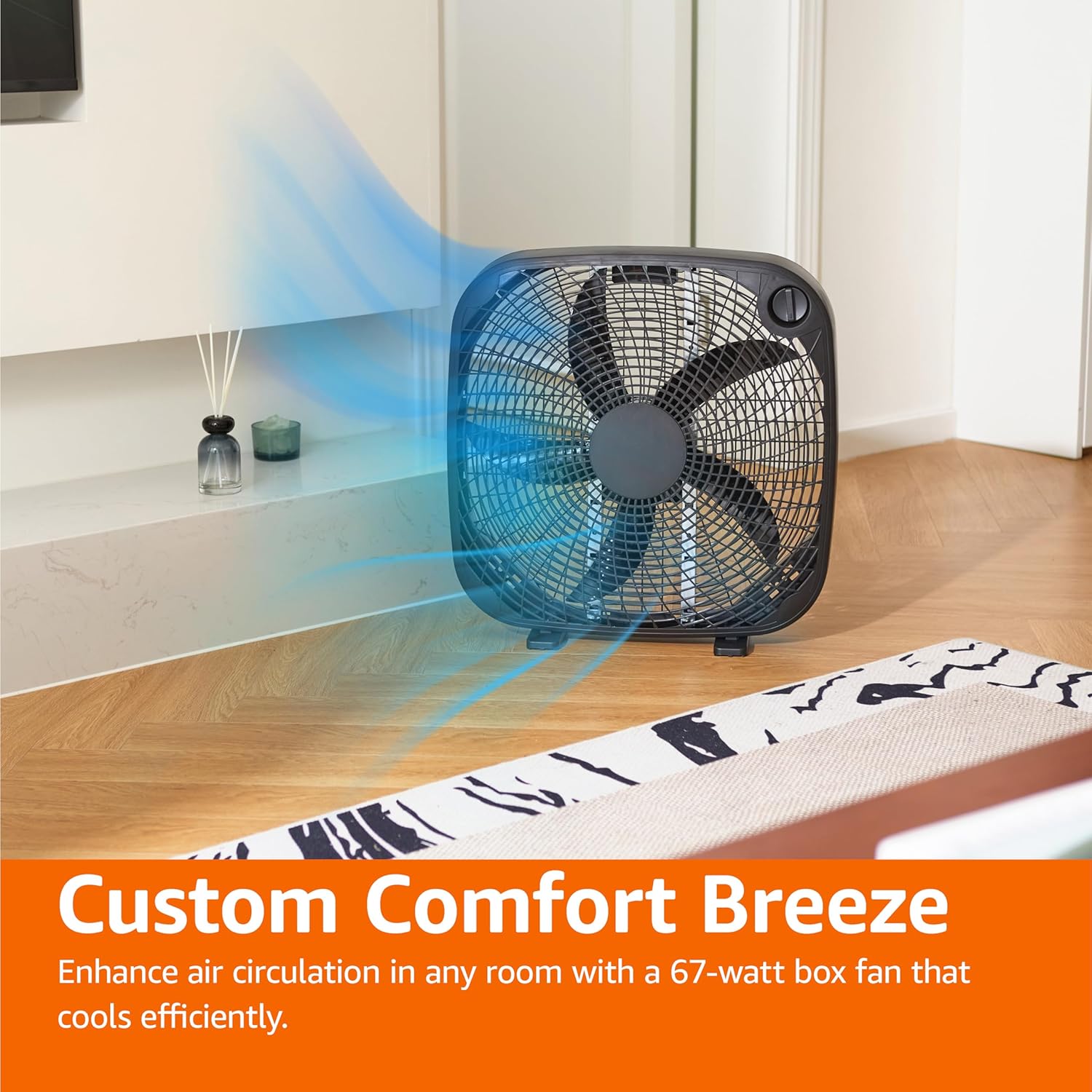 Amazon Basics 50.8 cm Box Fan with Powerful Airflow, 3 Speeds, 5 Blades, Lightweight Design, 67 Watts, Black, 17.27 D x 53 W x 54.21 H cms - Image 4