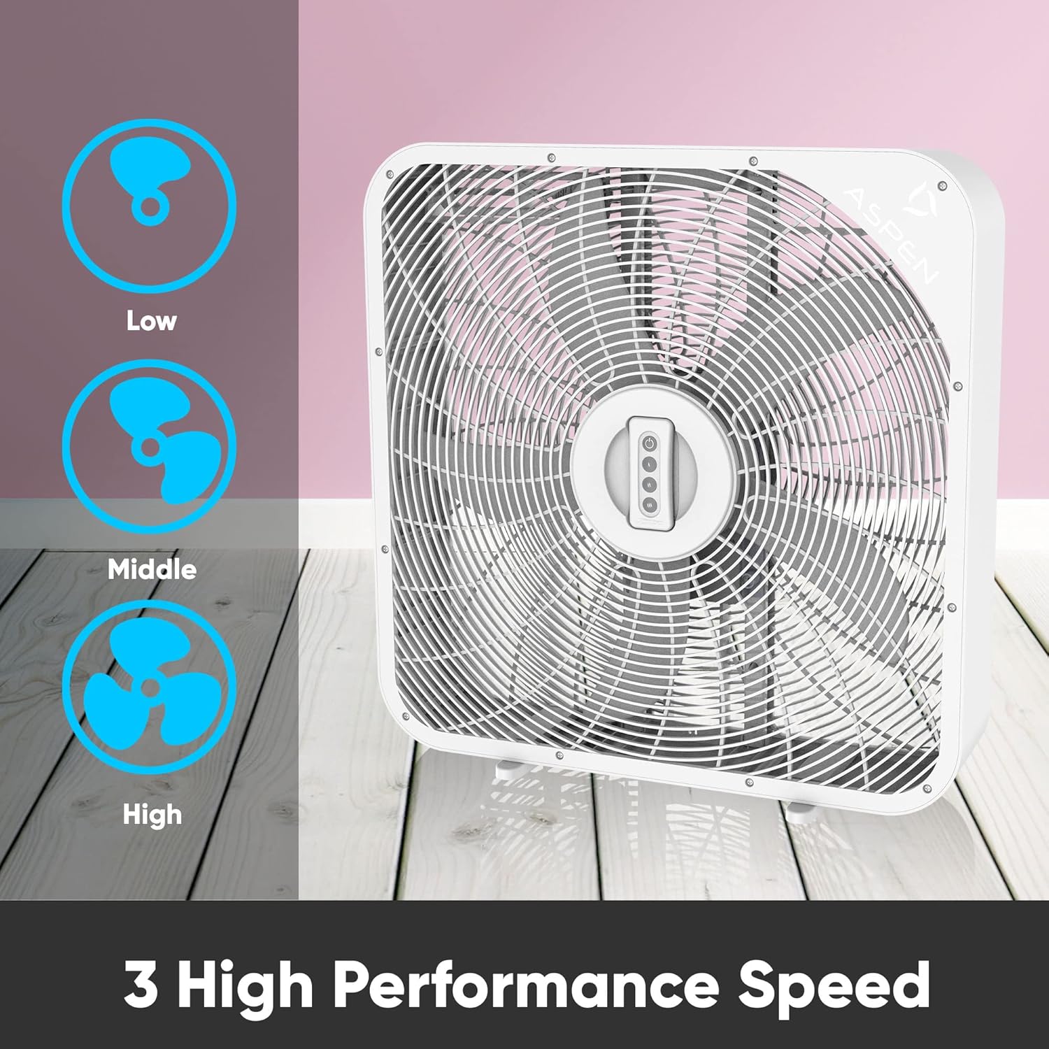 Aspen 20 Inch 3-Speed Box Fan with RF Remote Control, Built-In Handle, and Over 2000 CFM Airflow - High Performance, Light Weight Design, and Cord Storage Designed for Homes, Living Rooms, and more - Image 2