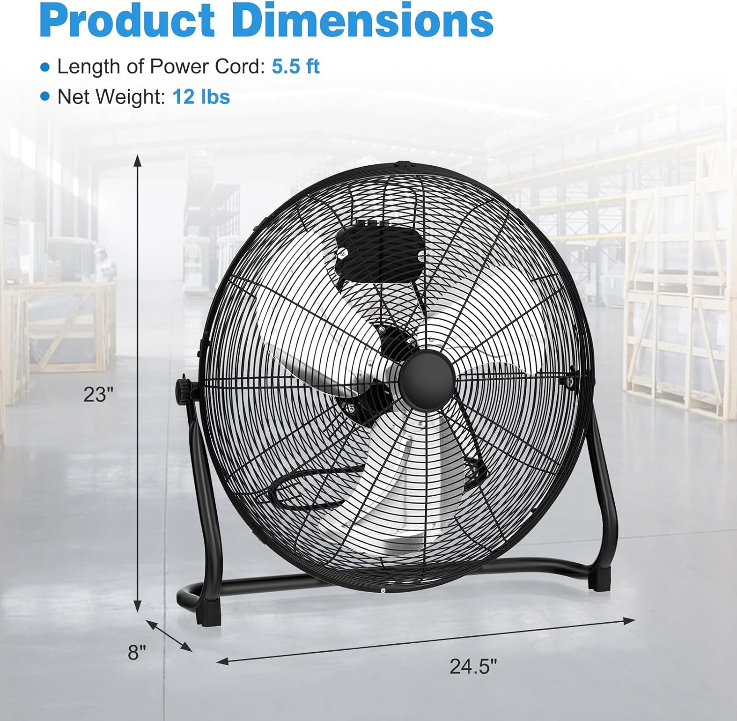 DORTALA 3-Speed High Velocity Floor Fan, 20 Inch Heavy Duty Metal Industrial Shop Fan with 145° Adjustable Tilt, for Commercial, Garage, Greenhouse, Warehouse, Workshop and Basement, Black - Image 2
