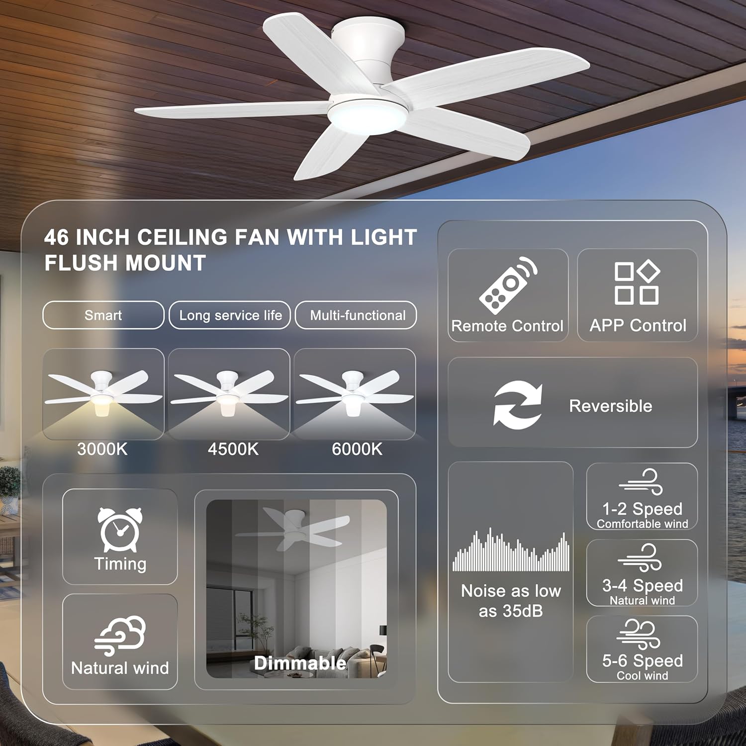 Ohniyou Ceiling Fan with Lights, 46" Flush Mount Ceiling Fans with Light, Remote & App Control, Low Profile, Reversible, 3CCT, Dimmable, Quiet DC Motor, Indoor/Outdoor Use, White - Image 2