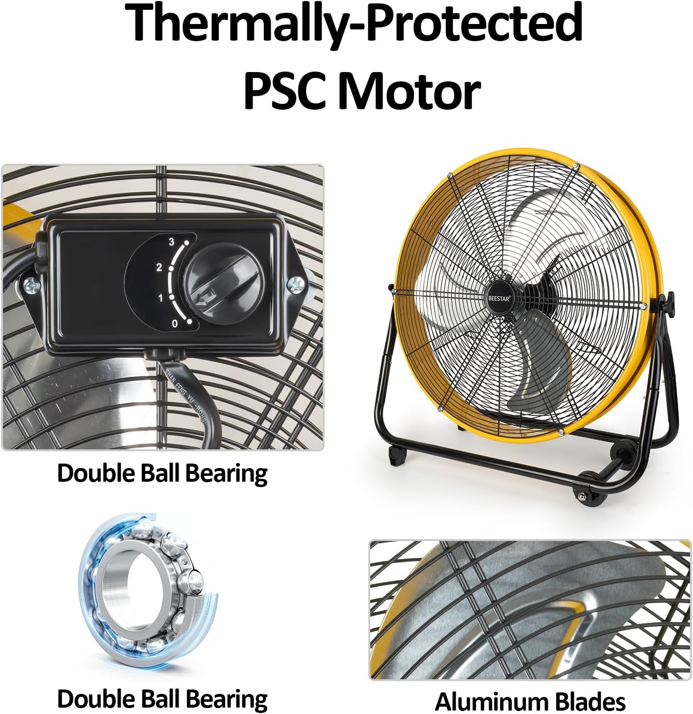 BEESTAR 24 Inch Industrial Drum Fan, High Velocity Heavy Duty Metal Floor Fan 8800CFM 3 Speed 360° Tilt 1/3HP Motor Floor Fan for Garage,Warehouse,Greenhouse,Shop,Workship,Basement (24 INCH) - Image 3