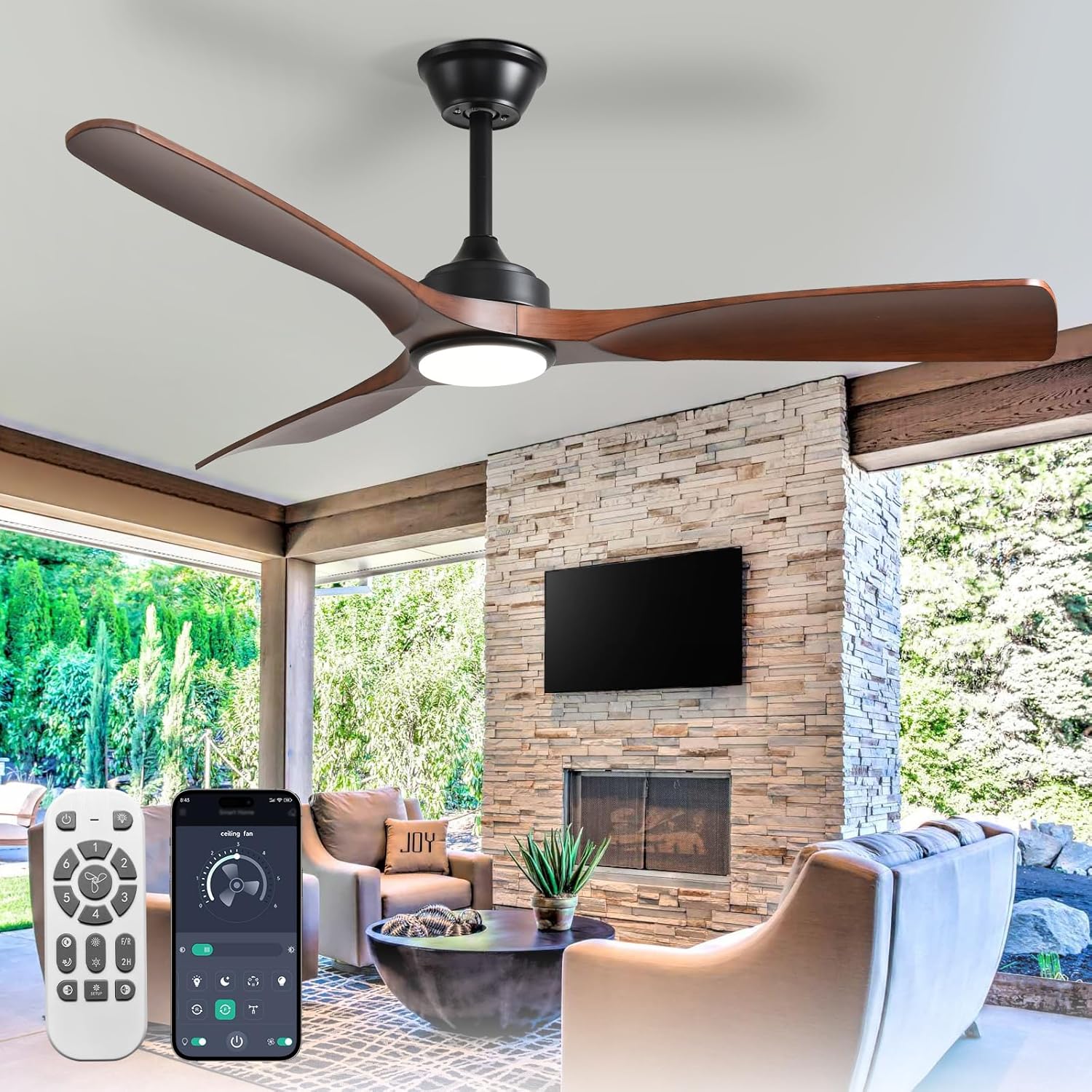 52-Inch Ceiling Fan with Light: Walnut 3 Blade Outdoor Fans for Patios - Dimmable Indoor Fan with Remote APP Control Ultra Quiet DC Motor Reversible 6 Speed Timer