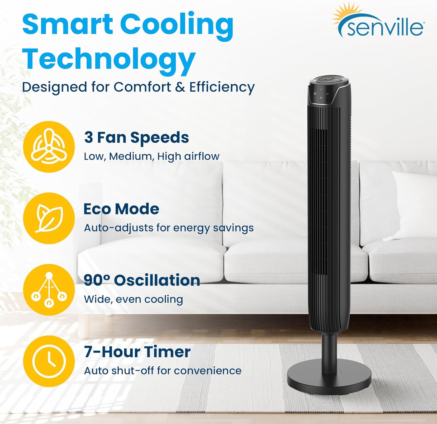 Senville 42" Oscillating Tower Fan for Bedroom, Remote, Bladeless, Quiet, 3 Modes, 7-Hour Timer, LED Display, Black - Image 7