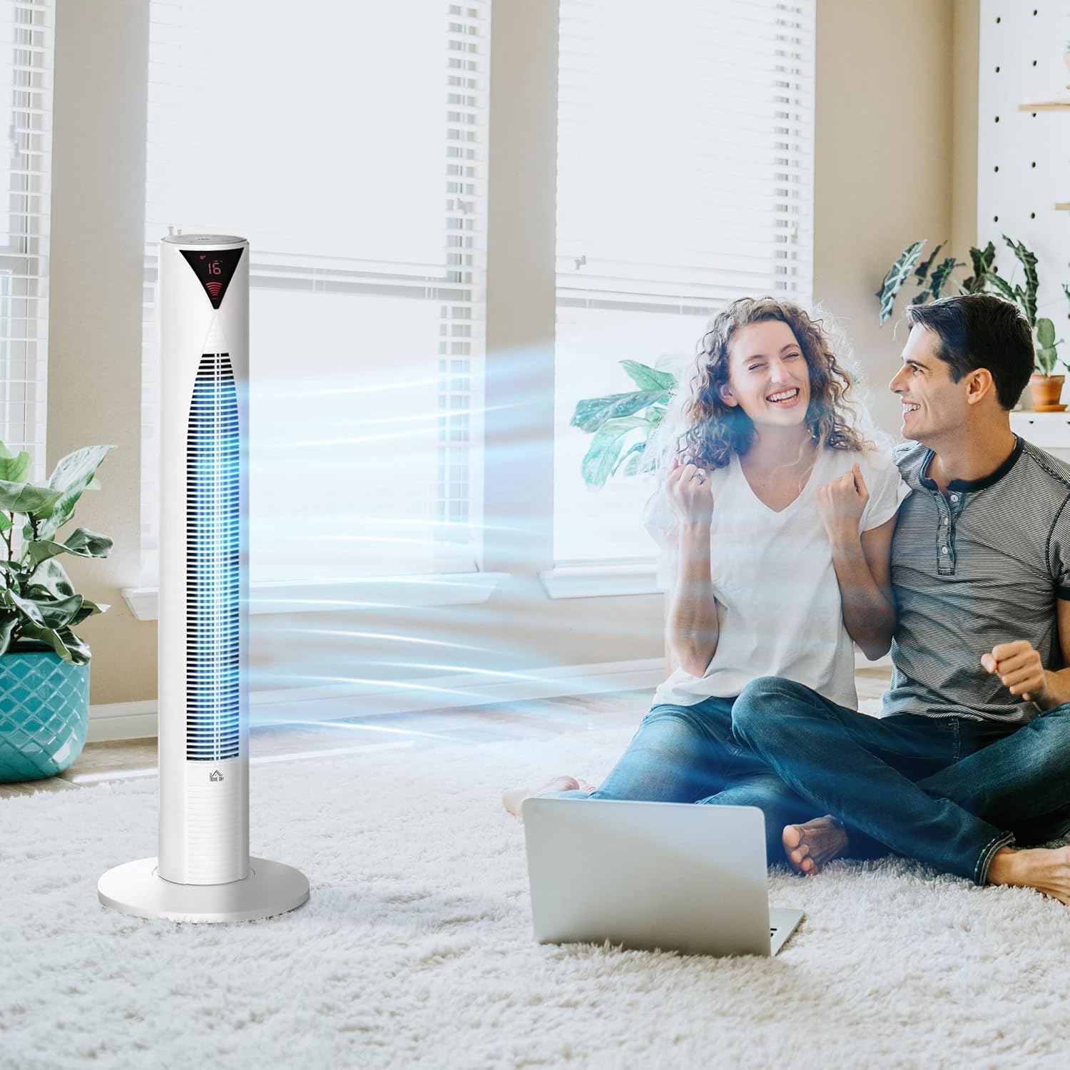 HOMCOM Freestanding Tower Fan Cooling for Home Bedroom with Oscillating, 4 Modes, 3 Speeds, 12h Timer, LED Sensor Panel, Remote Controller, White - Image 2