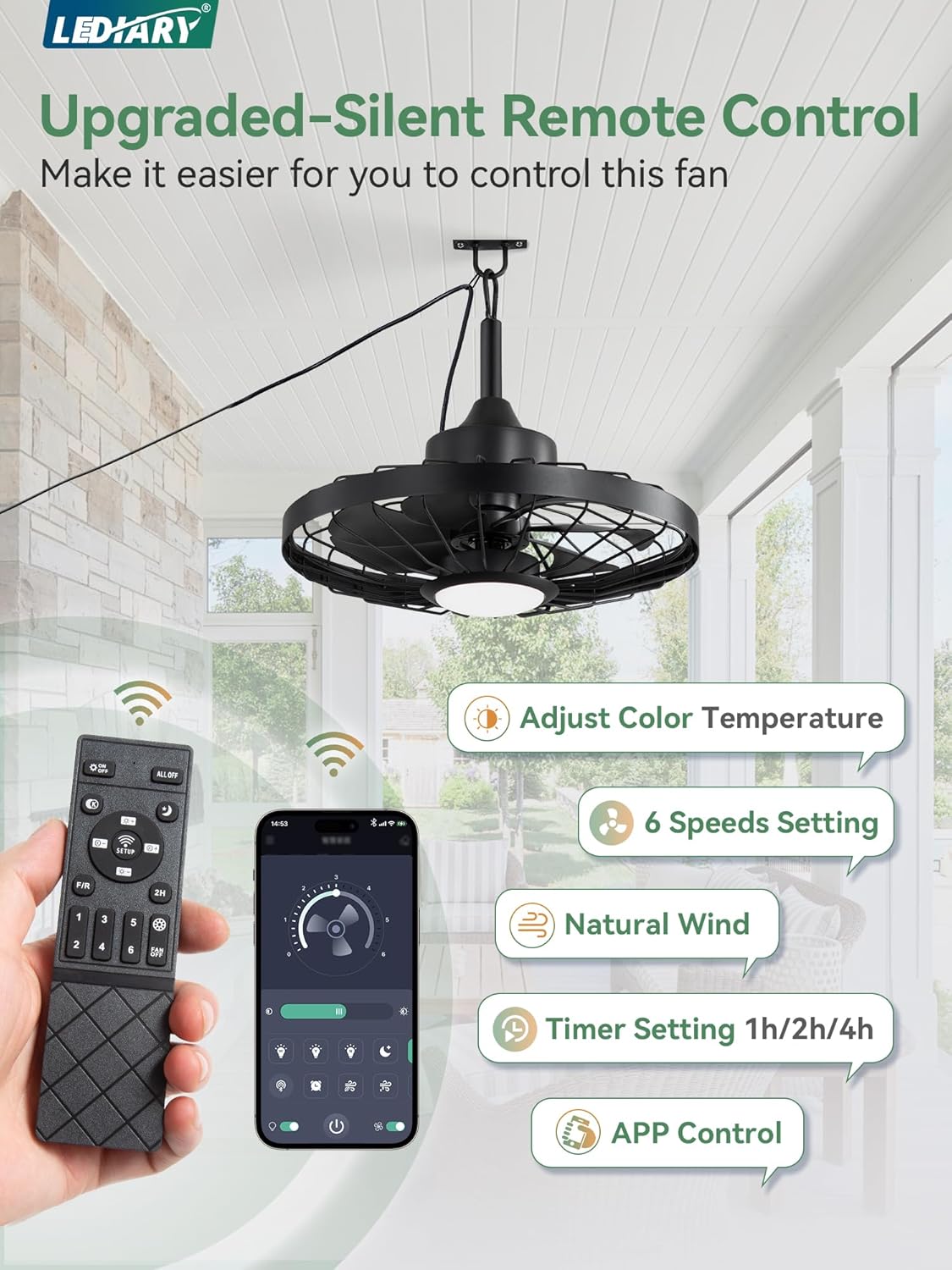 LEDIARY 20" Outdoor Ceiling Fan with Lights,IP65 Waterproof Gazebo Hanging Fan with Remote Control Smart App, Plug in Caged Ceiling Fan with 3CCT 6-Speeds for Patio Porch Pergola(Black) - Image 5