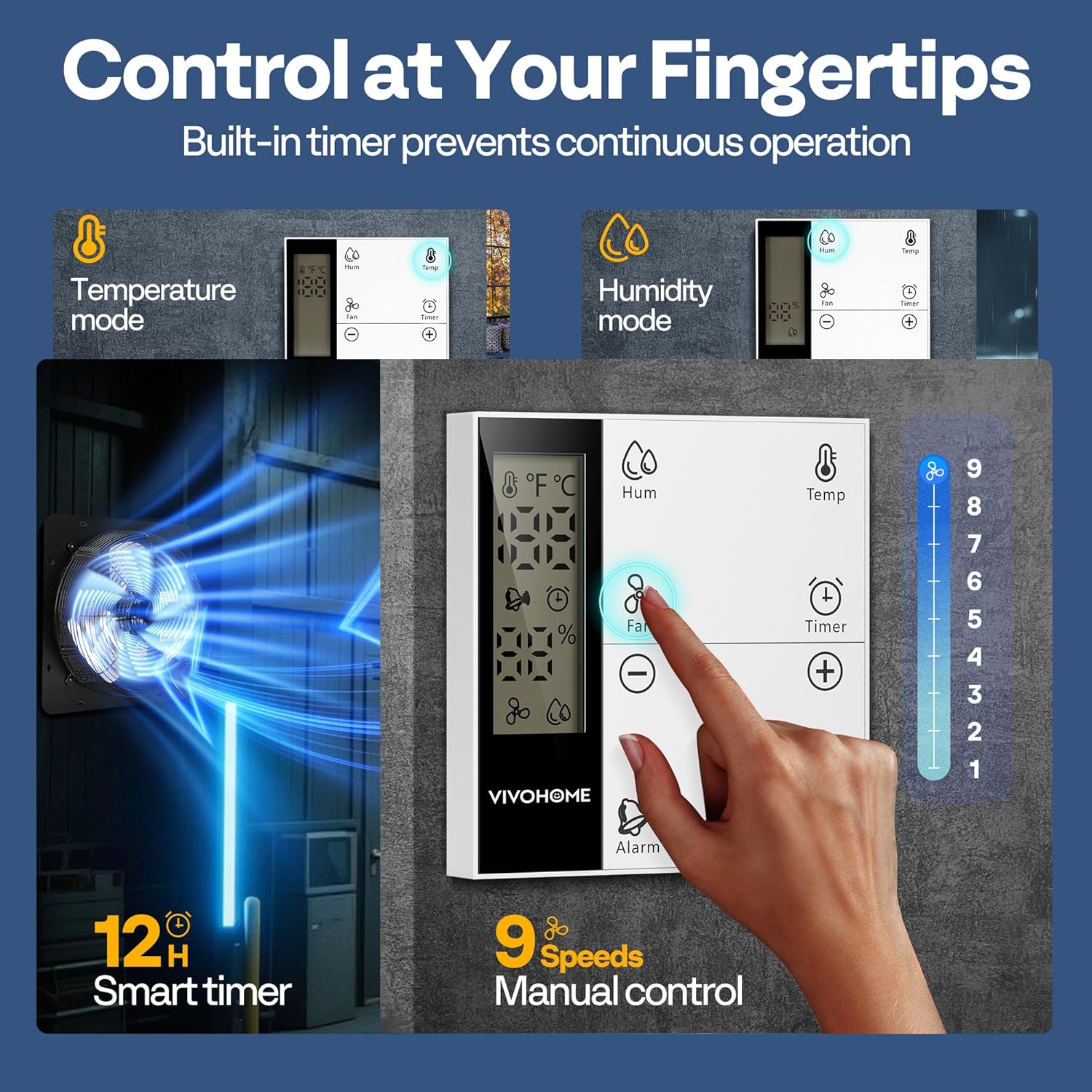 VIVOHOME 1300 CFM Attic Fan with Thermostat - Smart Temperature & Humidity Control, EC Motor Variable Speed, Wall Mount Exhaust for Garage, Workshop, Greenhouse, Remote Included - Image 4