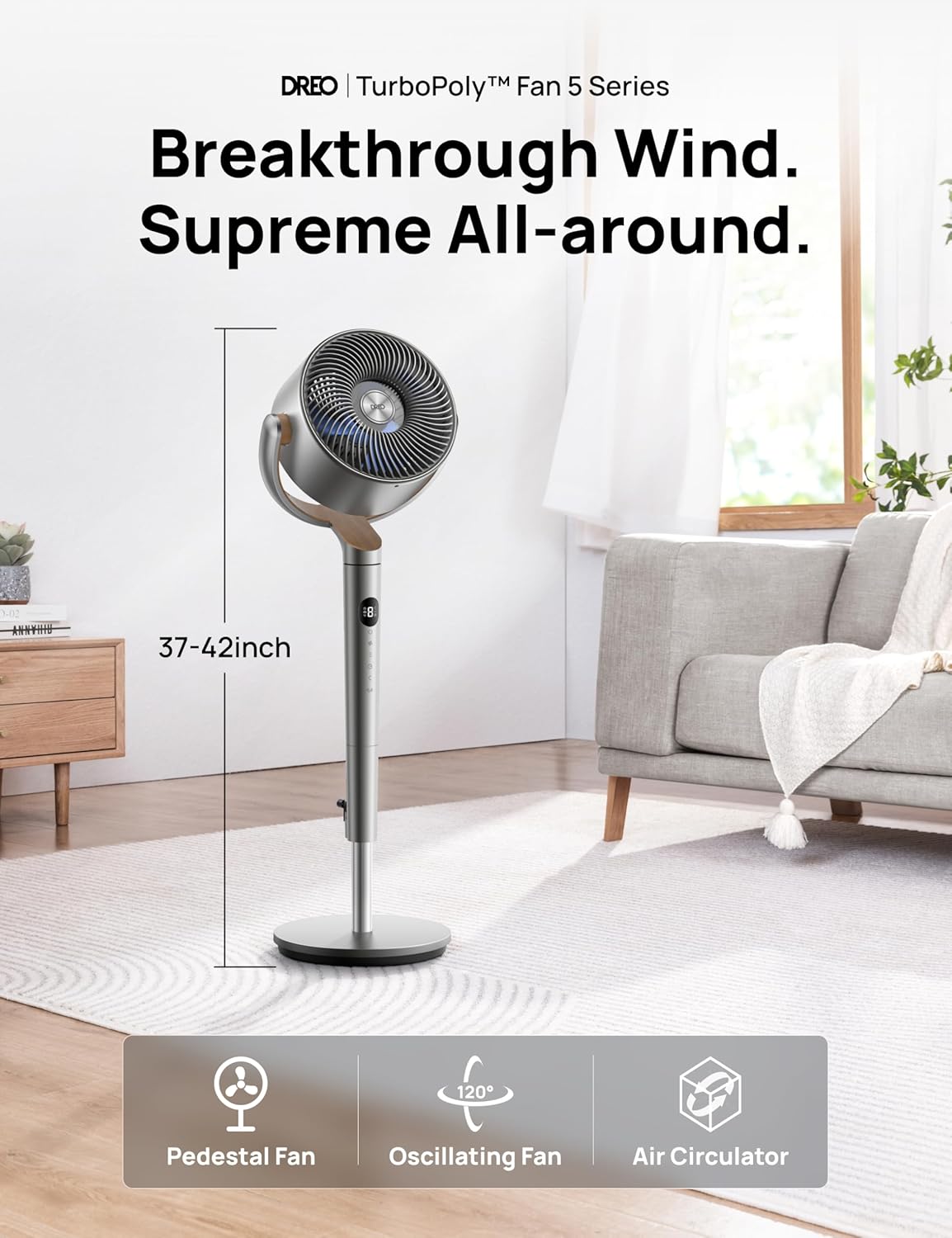 DREO 23dB Silent Standing Fan, 120°+120°Omni-directional Oscillating Fan For Bedroom, 80 ft Circulator With Remote, DC Motor Quiet Pedestal Fans, Adjustable Height, 8 Speeds, 3 Modes, 8H Timer - Image 2