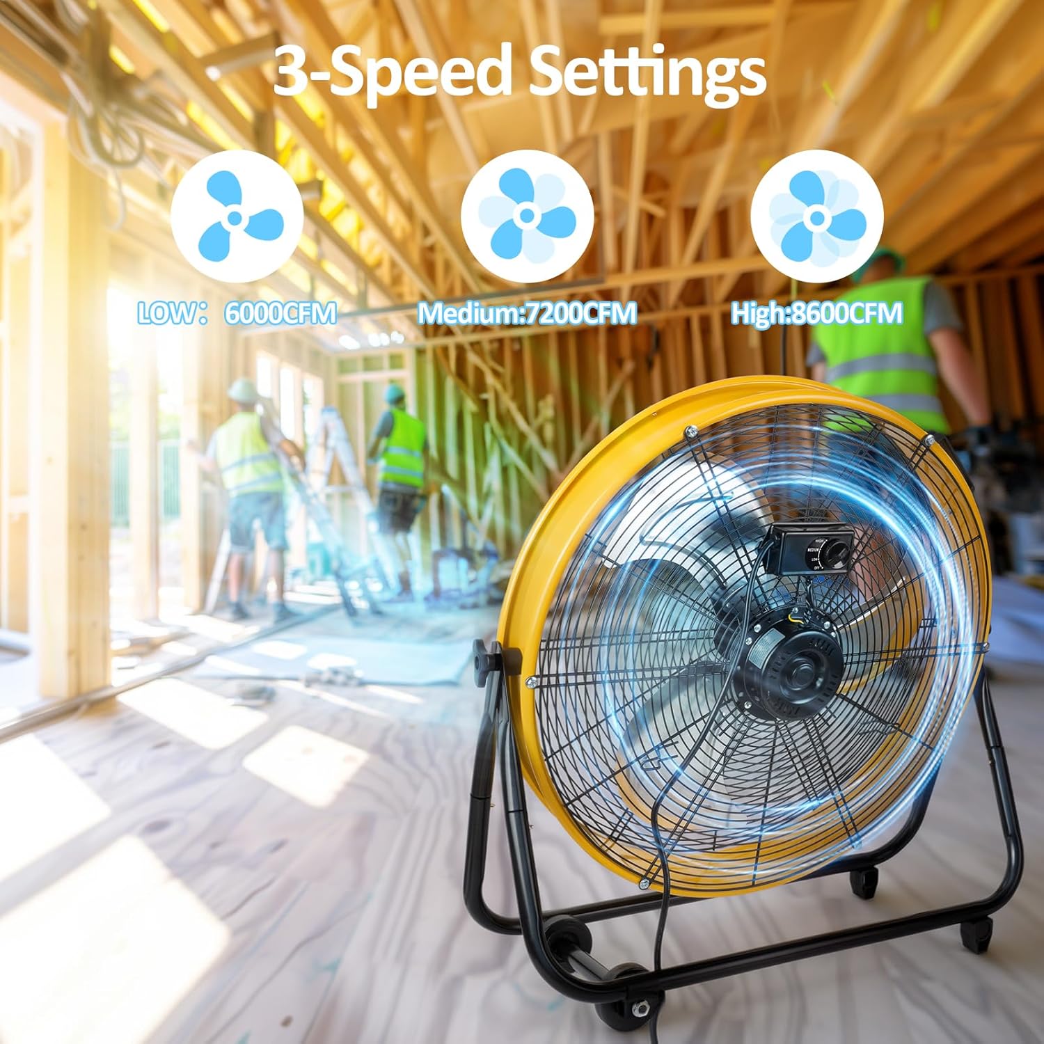 BEESTAR 24 Inch Industrial Drum Fan, High Velocity Heavy Duty Metal Floor Fan 8800CFM 3 Speed 360° Tilt 1/3HP Motor Floor Fan for Garage,Warehouse,Greenhouse,Shop,Workship,Basement (24 INCH) - Image 2