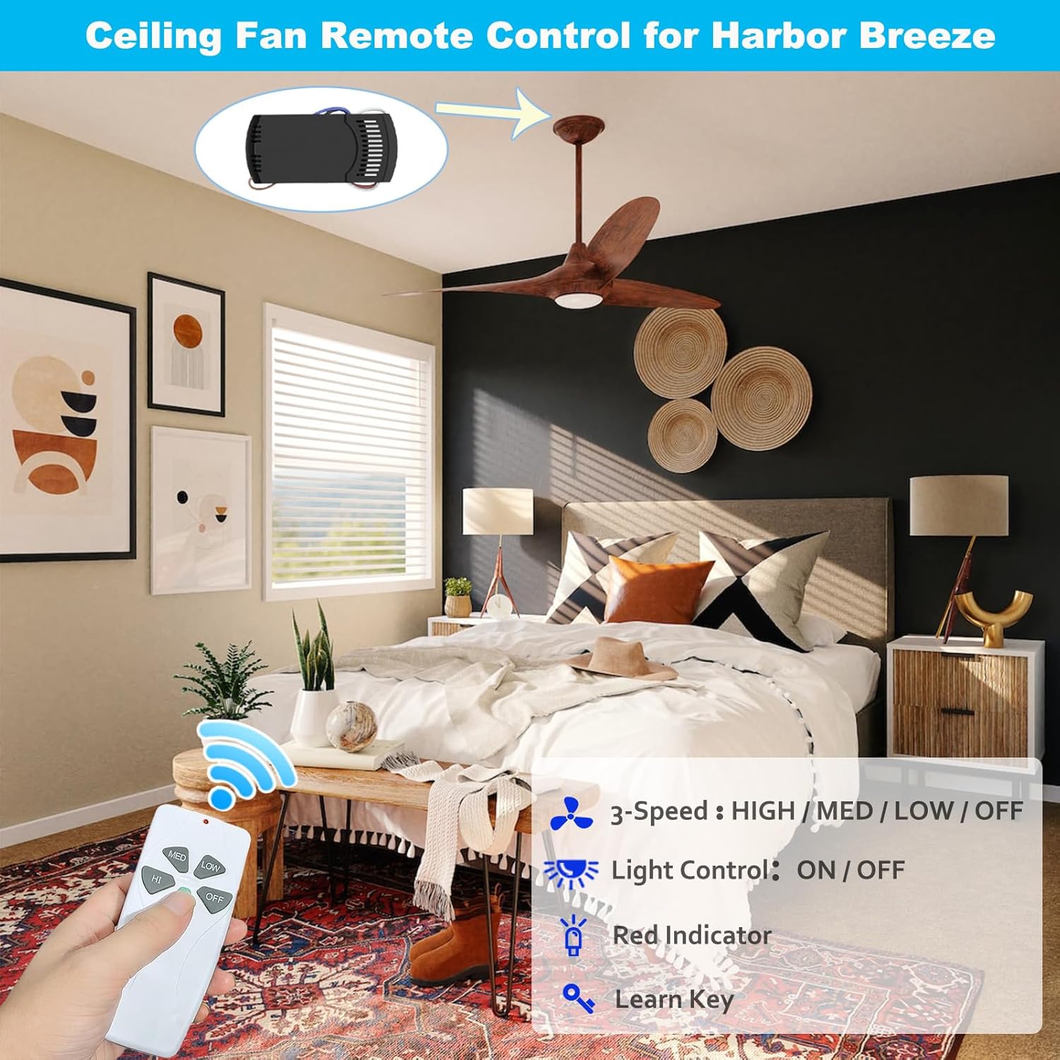 Universal Ceiling Fan Remote Control Kit, Replacement for Hunter, Hampton Bay, Litex, 3-Speeds, with Receiver FAN37R, Replace FAN-53T 2AAZPFAN-53T FAN-11T KUJCE9103 UC7030T - Image 2