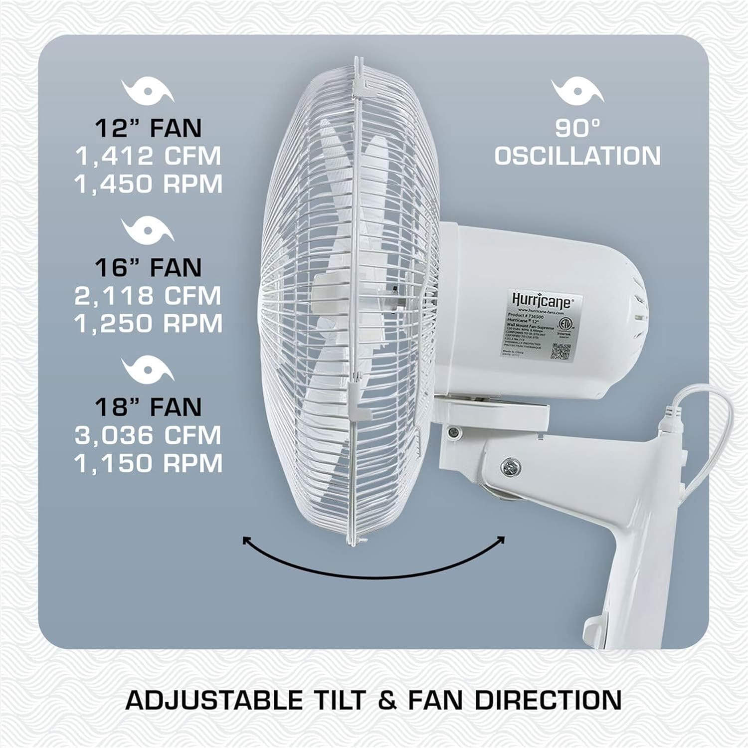 Hurricane 16" Supreme Oscillating Wall Mount Fan w/ 3 Quiet Speeds, White - Corded Electric Air Cooling Unit w/ Easy Pull Cord Controls for Homes, Greenhouses, Garages, Workshops & Gyms - Image 5