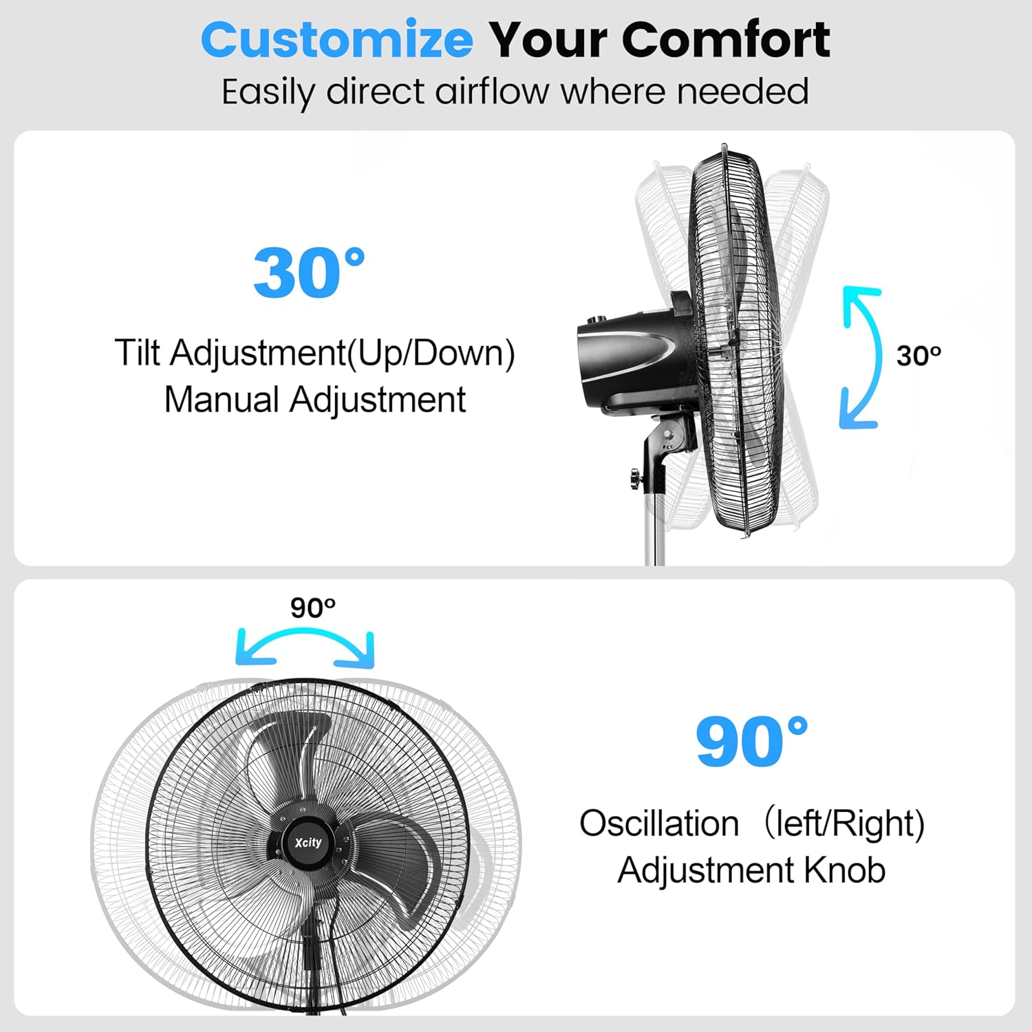 Xcity 20 inch Pedestal Oscillating Fan, 3-Speed Metal Standing Fan, Max 3600 CFM, Adjustable Height & Tilt, Heavy Duty Industrial Fans for Patio, Garage, Home & Office, Black - Image 4