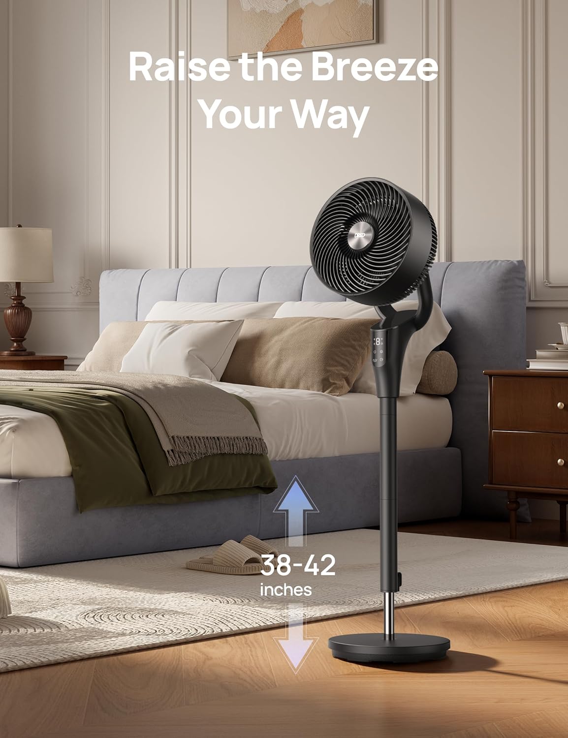 DREO Fan for Bedroom, 90° Oscillating Standing Fan, 20dB Quiet, 90ft Pedestal Fans for Room Office, DC Motor, 8+H Speeds, 3 Modes, 38-42'' Adjustable Height, Remote, 8H Timer, 105° Manual Vertical - Image 9