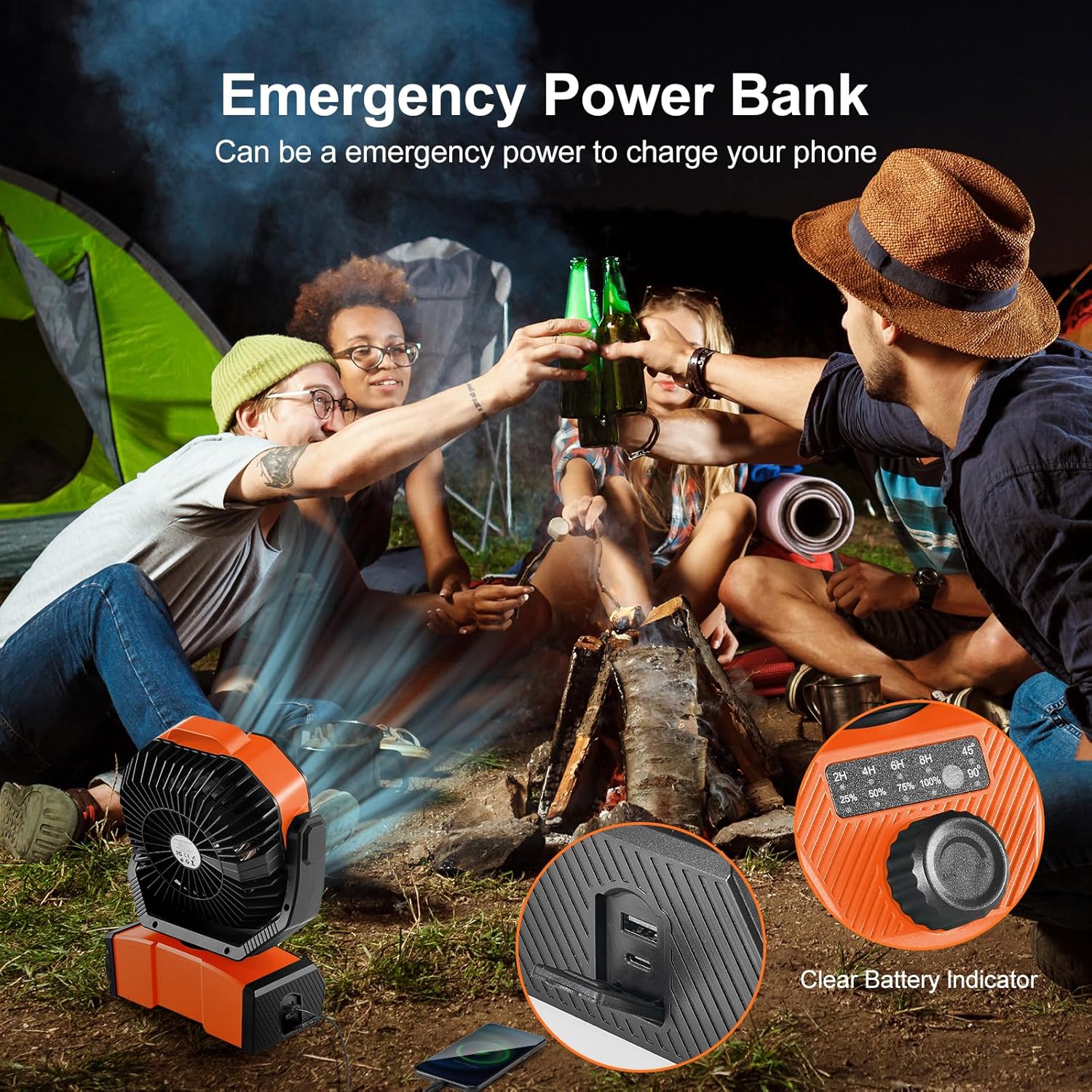 Odoland 40000mAh Camping Fan with LED Light, Auto-Oscillating Desk Fan with Remote & Hook, Rechargeable Battery Operated Outdoor Tent Fan with Timer, Power Fan for Camp,Travel,Jobsite and Beach,Orange - Image 7