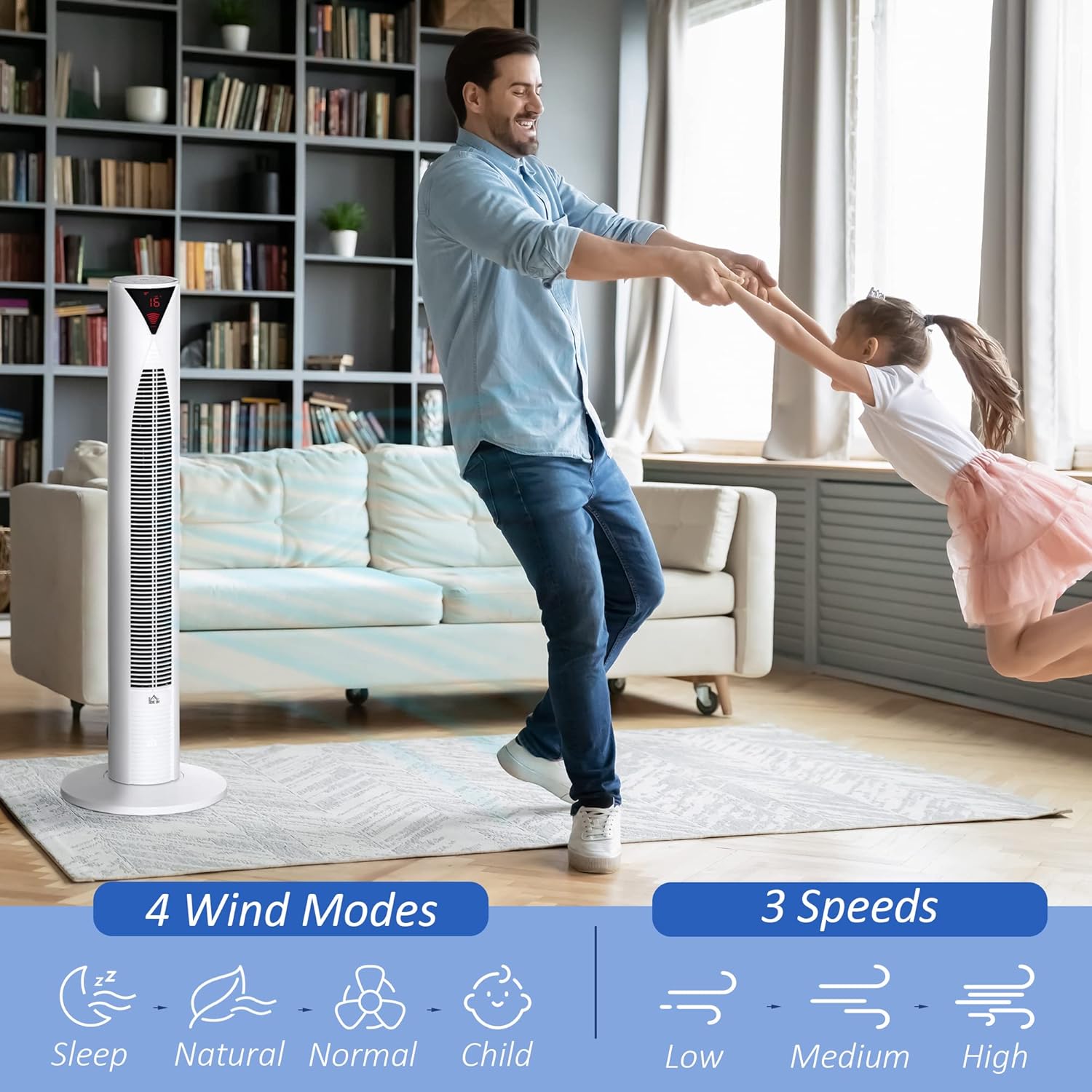 HOMCOM Freestanding Tower Fan Cooling for Home Bedroom with Oscillating, 4 Modes, 3 Speeds, 12h Timer, LED Sensor Panel, Remote Controller, White - Image 3