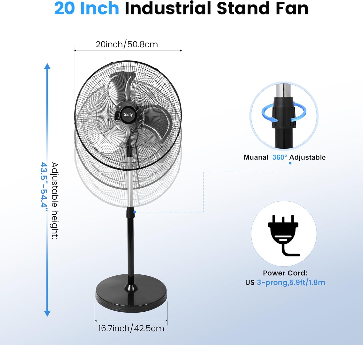 Xcity 20 inch Pedestal Oscillating Fan, 3-Speed Metal Standing Fan, Max 3600 CFM, Adjustable Height & Tilt, Heavy Duty Industrial Fans for Patio, Garage, Home & Office, Black - Image 2