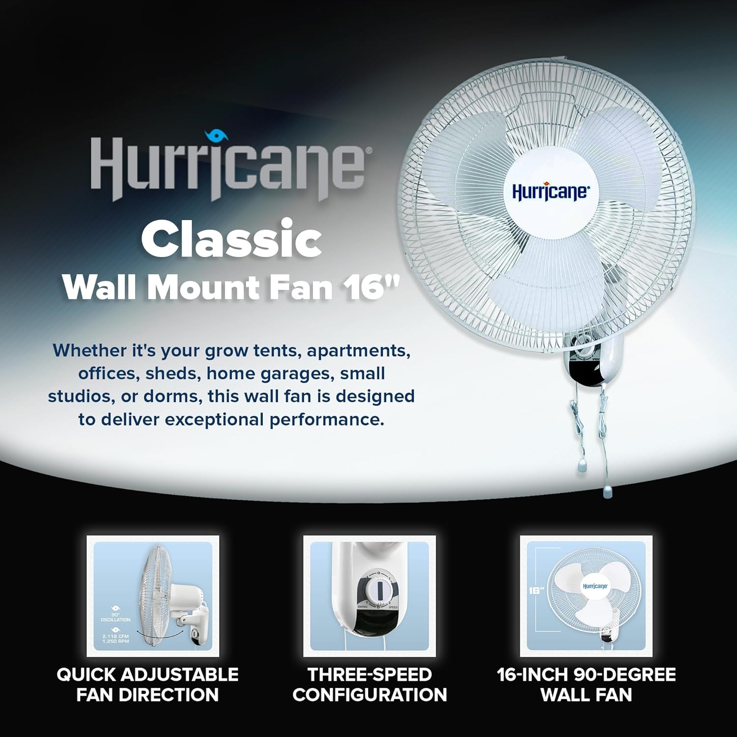 Hurricane Classic Oscillating Wall Mount Fan w/ 3 Quite Speeds, White, 16" - Corded Electric Air Cooling Unit w/Easy Pull Cord Controls for Home, Grow Tents, Offices, Sheds, Studios, Garages & Dorms - Image 2