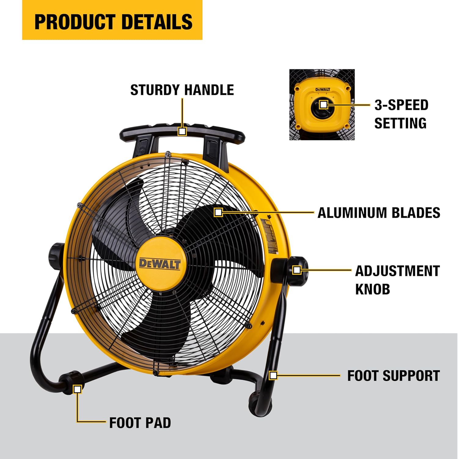 DEWALT DXF1840 Floor Fan, Industrial Fans, 18 Inch High Velocity Fan with 3-Speed Heavy Duty Air Circulator and 180 Adjustable Tilt, Large Electric Metal Rotating Garage Fan, Drum fan for Work, Yellow - Image 3