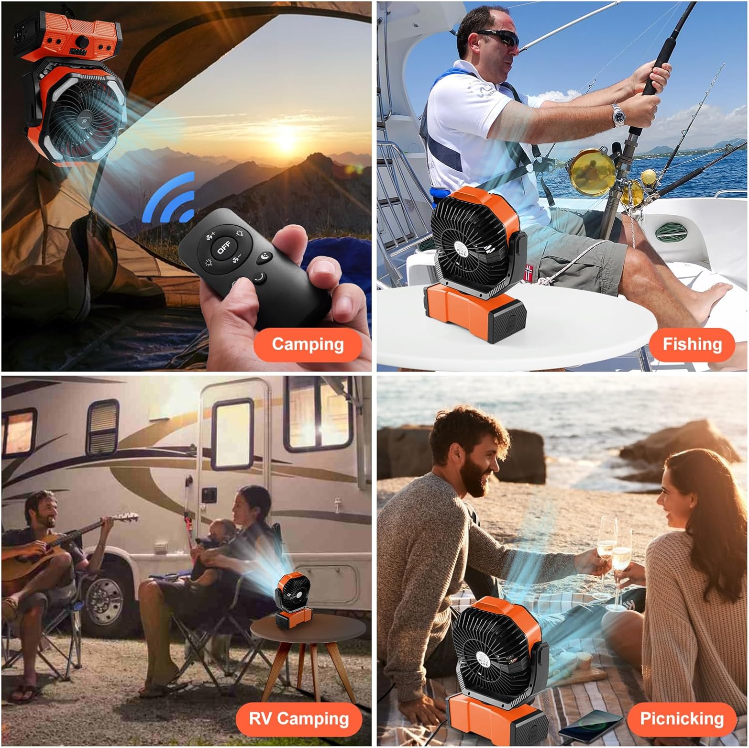 Odoland 40000mAh Camping Fan with LED Light, Auto-Oscillating Desk Fan with Remote & Hook, Rechargeable Battery Operated Outdoor Tent Fan with Timer, Power Fan for Camp,Travel,Jobsite and Beach,Orange - Image 8