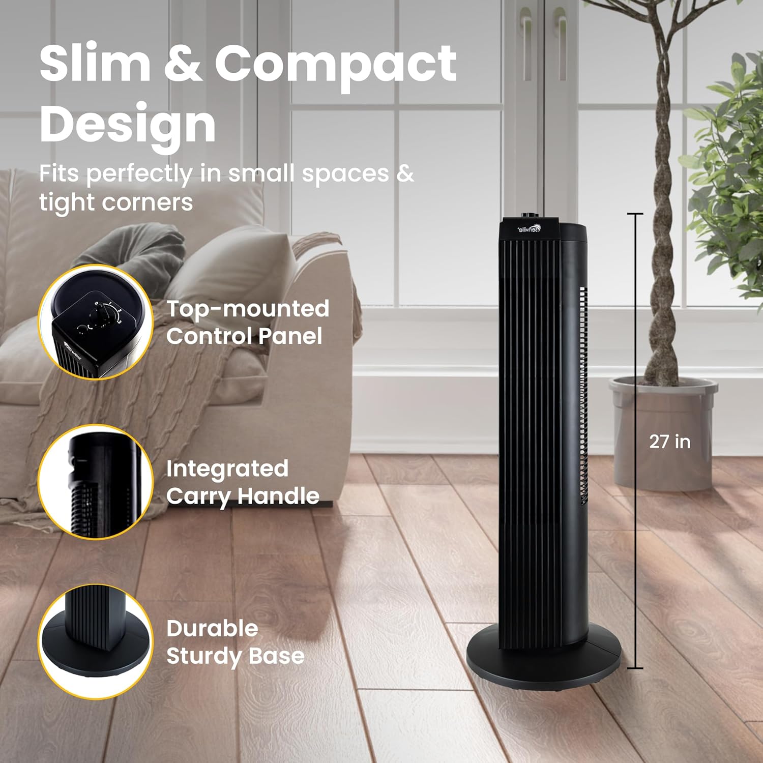 Senville 27" Standing Fan for Bedroom and Home with 60° Oscillation, 3 Speed, Compact Space-Saving Design, SENFZ10-19M - Image 5