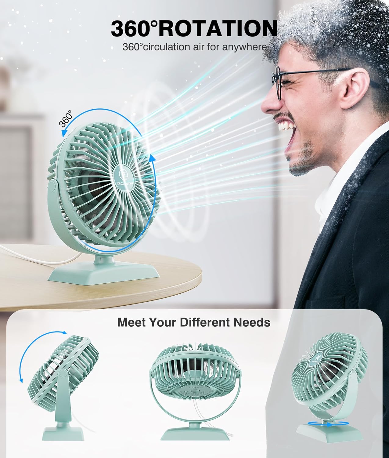 JZCreater USB Desk Fan, USB Fan Mini, 360 Rotation Desktop Fan with 3 Speed, Table Personal Cooling Fan, Quiet Mini Desk Fan, USB Powered, Small Fan for Home Office Bedroom Car Travel,Green - Image 4