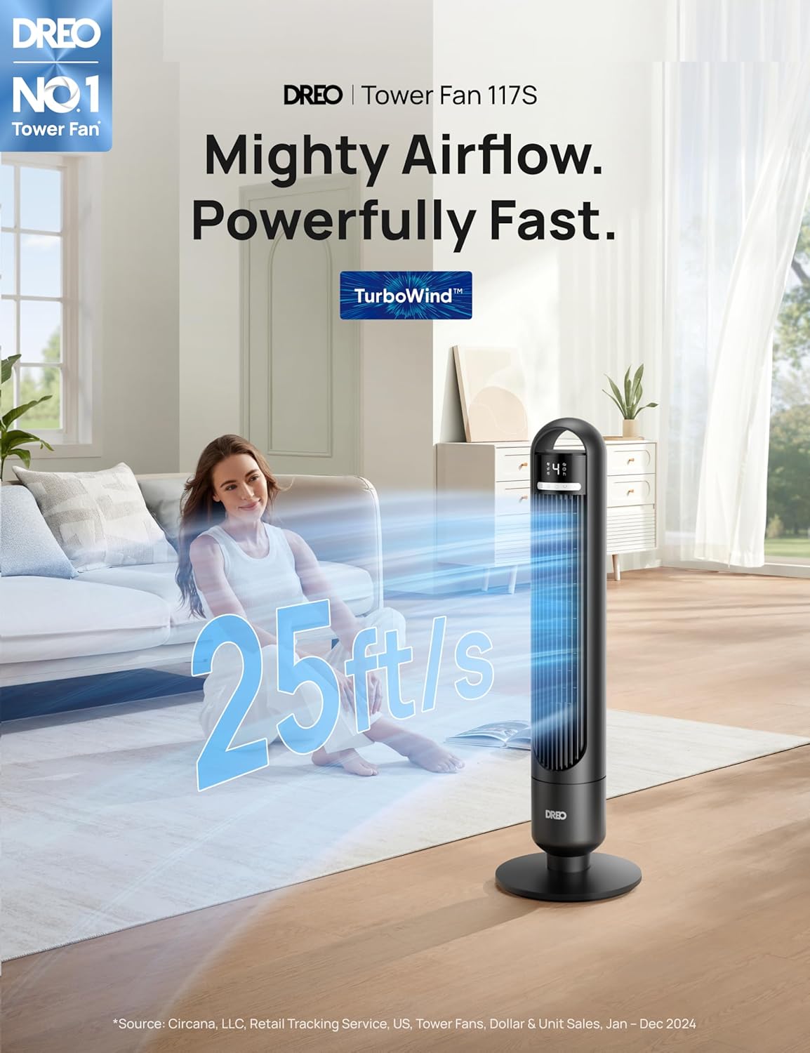 DREO Smart Tower Fan for Bedroom, 90° Oscillating Standing Fans for Room with 4 Speeds, 4 Modes, 25dB Quiet for Sleep, 25ft/s Velocity, 8H Timer, Remote/App/Voice Control for Living Room, Office, Home - Image 2