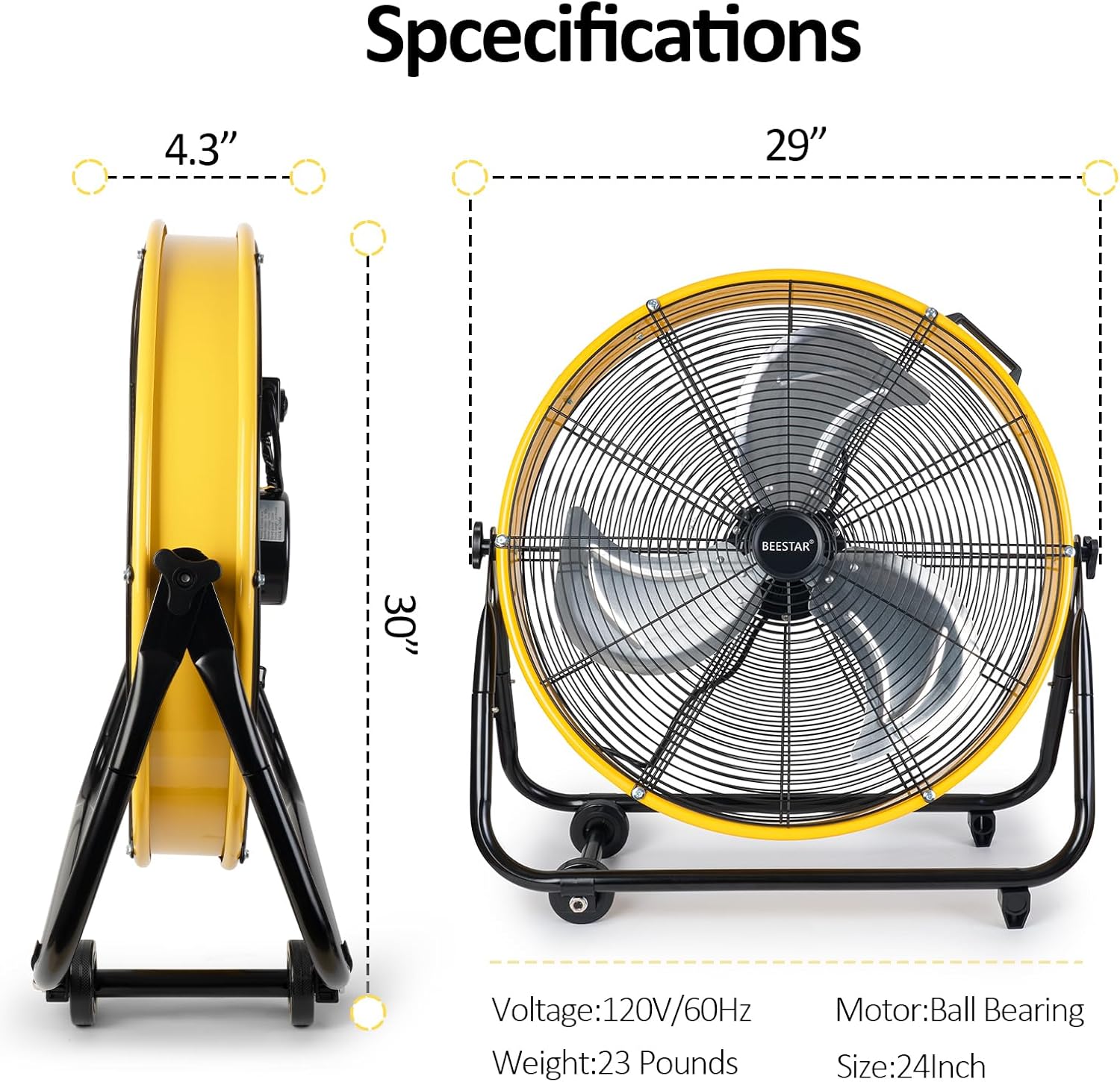 BEESTAR 24 Inch Industrial Drum Fan, High Velocity Heavy Duty Metal Floor Fan 8800CFM 3 Speed 360° Tilt 1/3HP Motor Floor Fan for Garage,Warehouse,Greenhouse,Shop,Workship,Basement (24 INCH) - Image 4