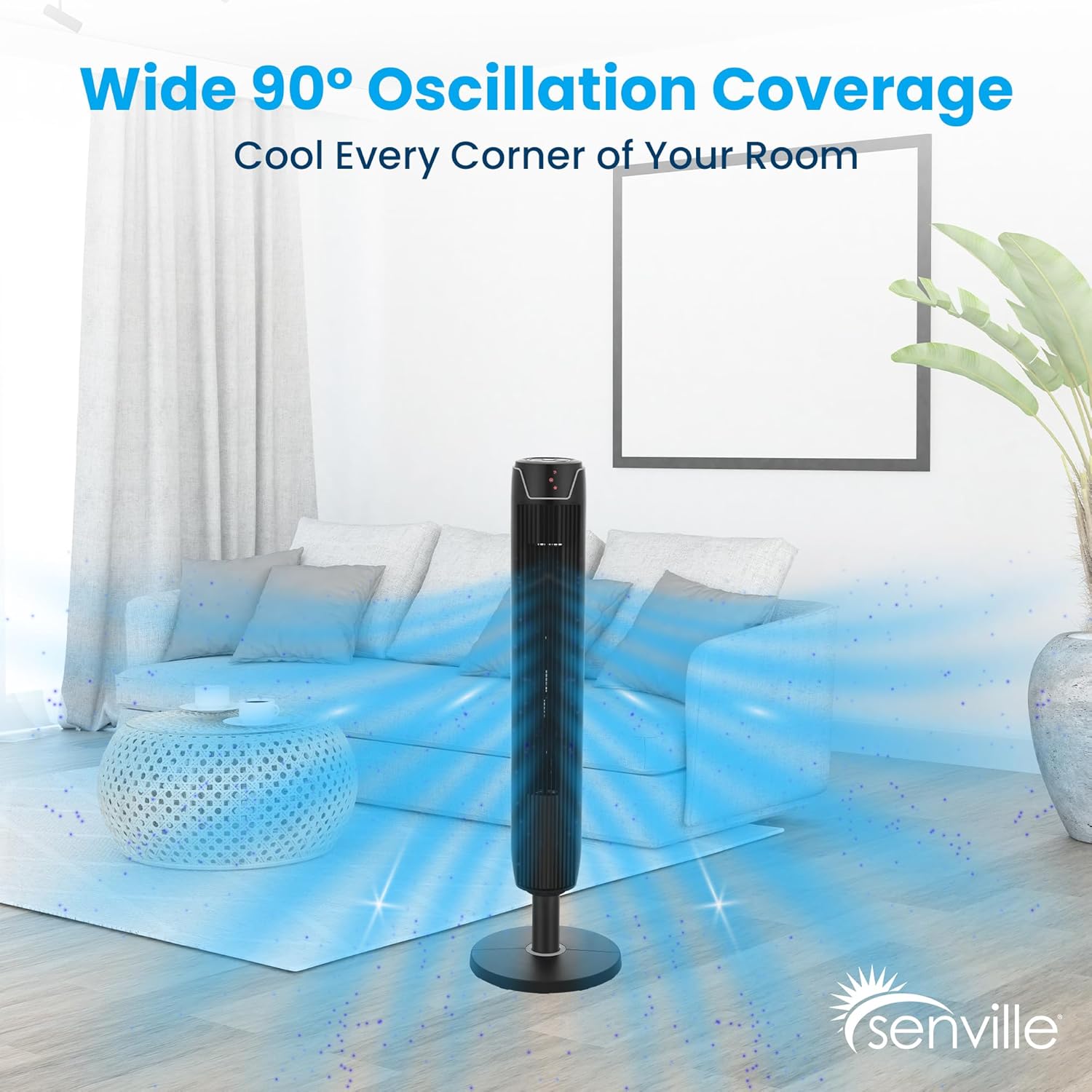 Senville 42" Oscillating Tower Fan for Bedroom, Remote, Bladeless, Quiet, 3 Modes, 7-Hour Timer, LED Display, Black - Image 6