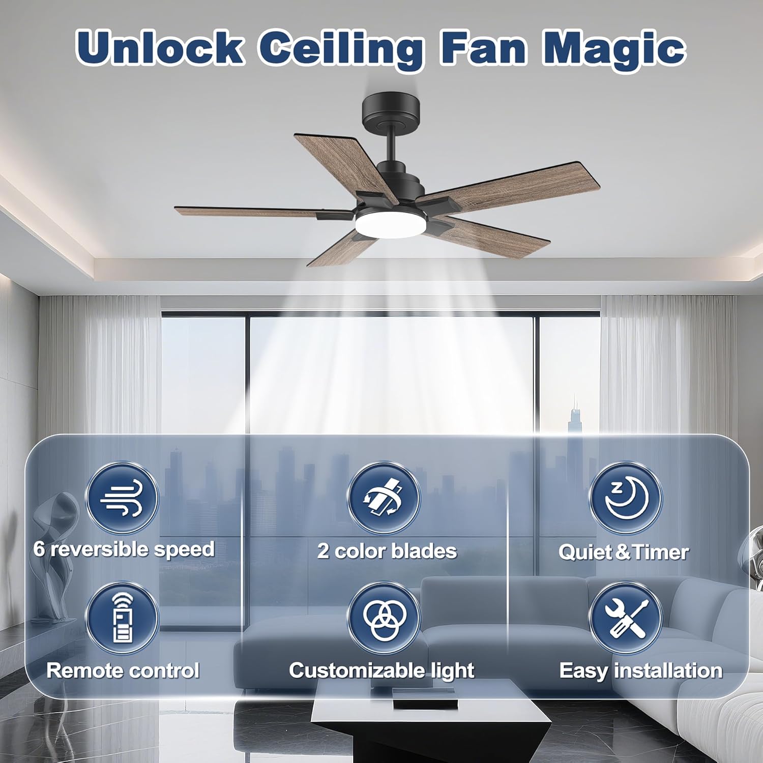 cumilo 42inch Downrod Ceiling Fan with Lights and Remote,Ultra Quite DC Motor,6 Reversible Speed,Energy-efficient,Modern Outdoor&Indoor 5 Fan Blades for Bedroom Living Room Patio Porch,Balck&Walnut - Image 2