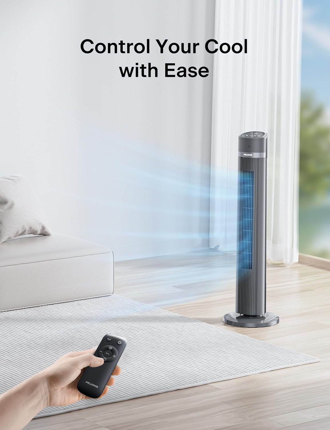 PELONIS Oscillating Tower Fan with Remote Control 40’’ Quiet Stand Up Fan with 3 Speed Settings and 3 Modes 15-Hour Timer LED Display for Bedroom Home Office Use, Black - Image 7