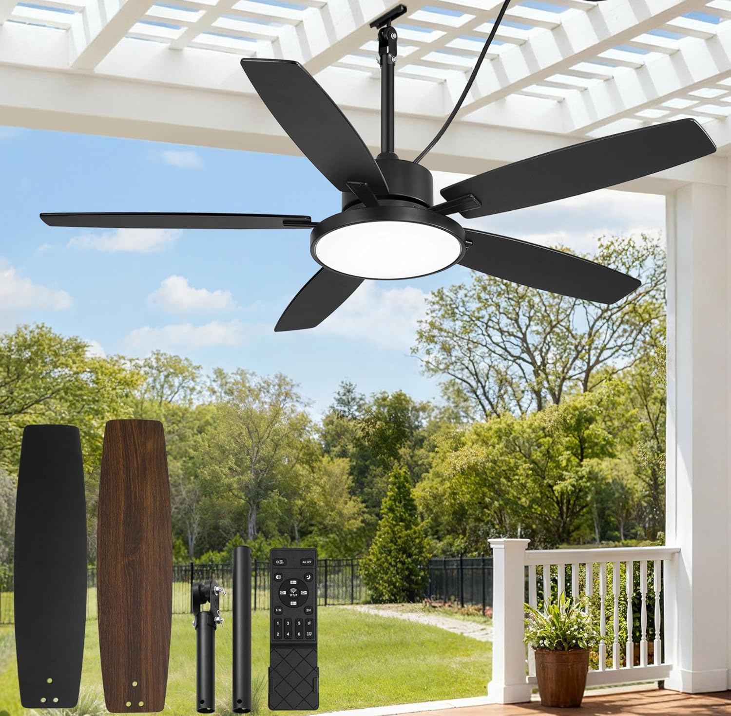 Fanbulous 52'' Outdoor Ceiling Fans with Light and Remote,IP65 Wet Rated Waterproof Ceiling Fan with 6-Speed DC Motor, Farmhouse Gazebo Fan for Porch Patios Pavilion(Black)