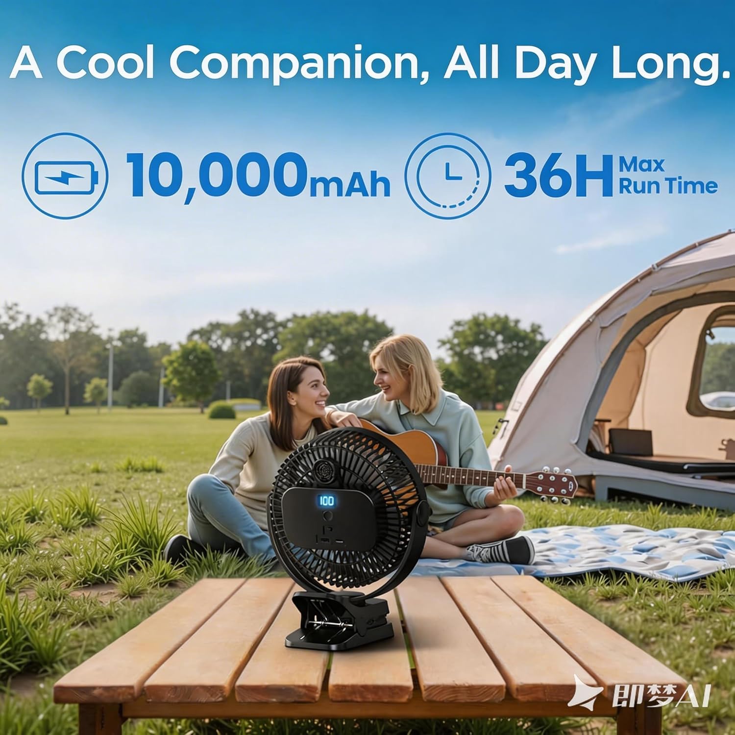 EasyAcc 10000mAh Desk Fan, 37 Hours Portable Rechargeable Fan with 5 Speeds Digital Display, Ultra Quiet 37H Stroller Fan for Baby, Camping Fan, Clip on Fan, Travel Fan, USB Battery Fan - Image 2