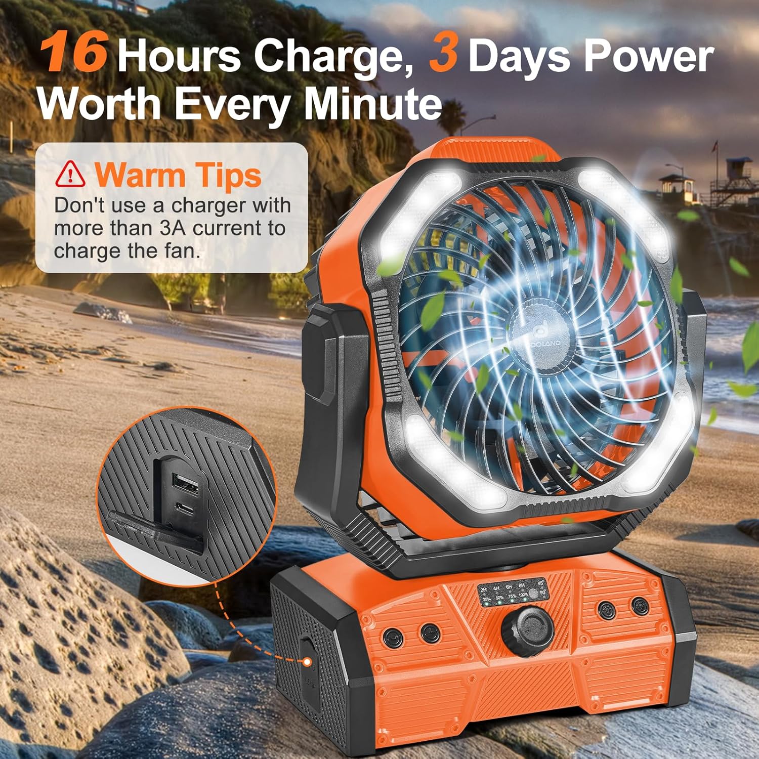 Odoland 40000mAh Camping Fan with LED Light, Auto-Oscillating Desk Fan with Remote & Hook, Rechargeable Battery Operated Outdoor Tent Fan with Timer, Power Fan for Camp,Travel,Jobsite and Beach,Orange - Image 5