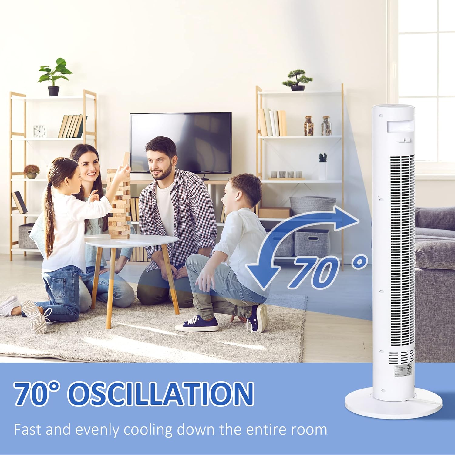 HOMCOM Freestanding Tower Fan Cooling for Home Bedroom with Oscillating, 4 Modes, 3 Speeds, 12h Timer, LED Sensor Panel, Remote Controller, White - Image 4