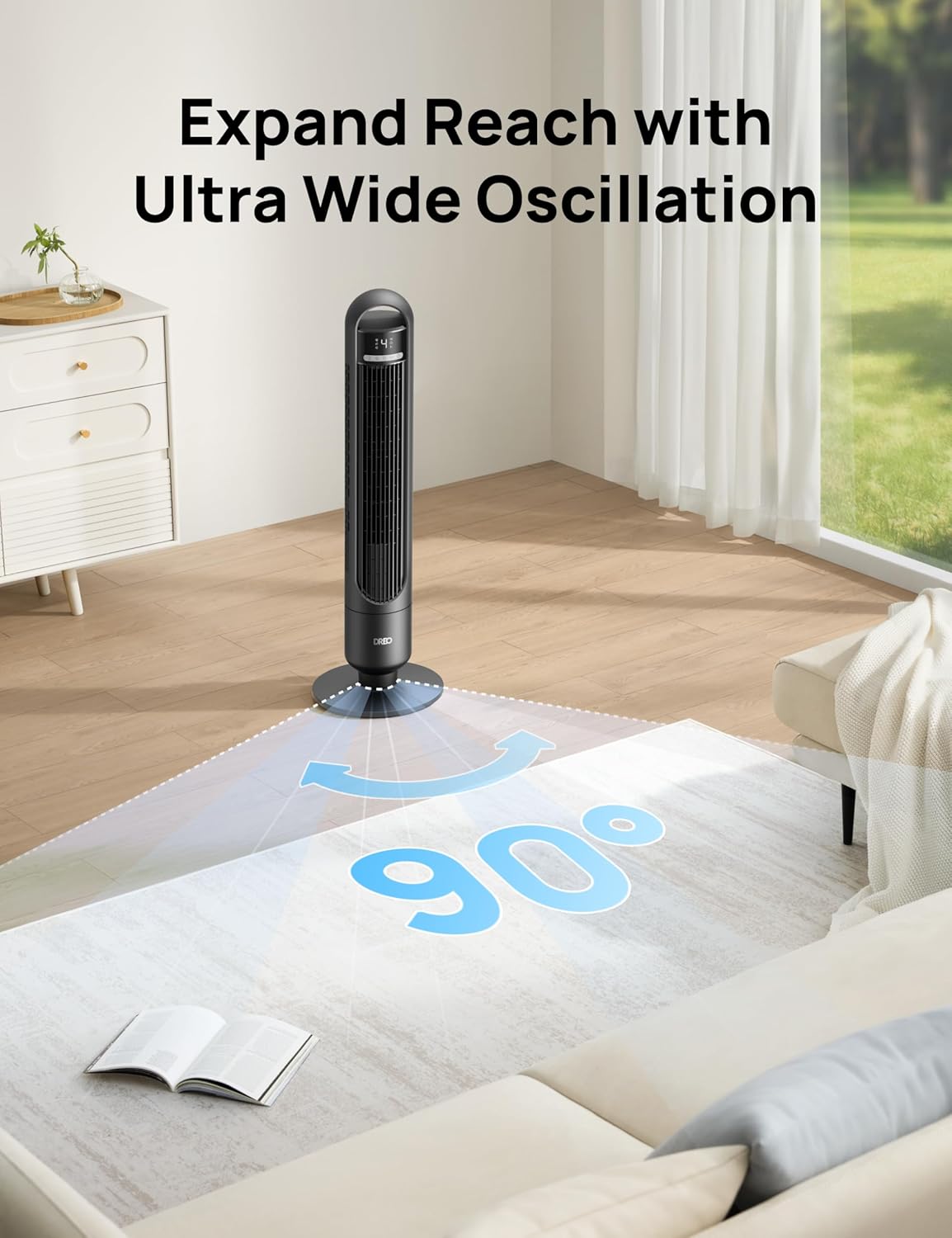 DREO Smart Tower Fan for Bedroom, 90° Oscillating Standing Fans for Room with 4 Speeds, 4 Modes, 25dB Quiet for Sleep, 25ft/s Velocity, 8H Timer, Remote/App/Voice Control for Living Room, Office, Home - Image 5
