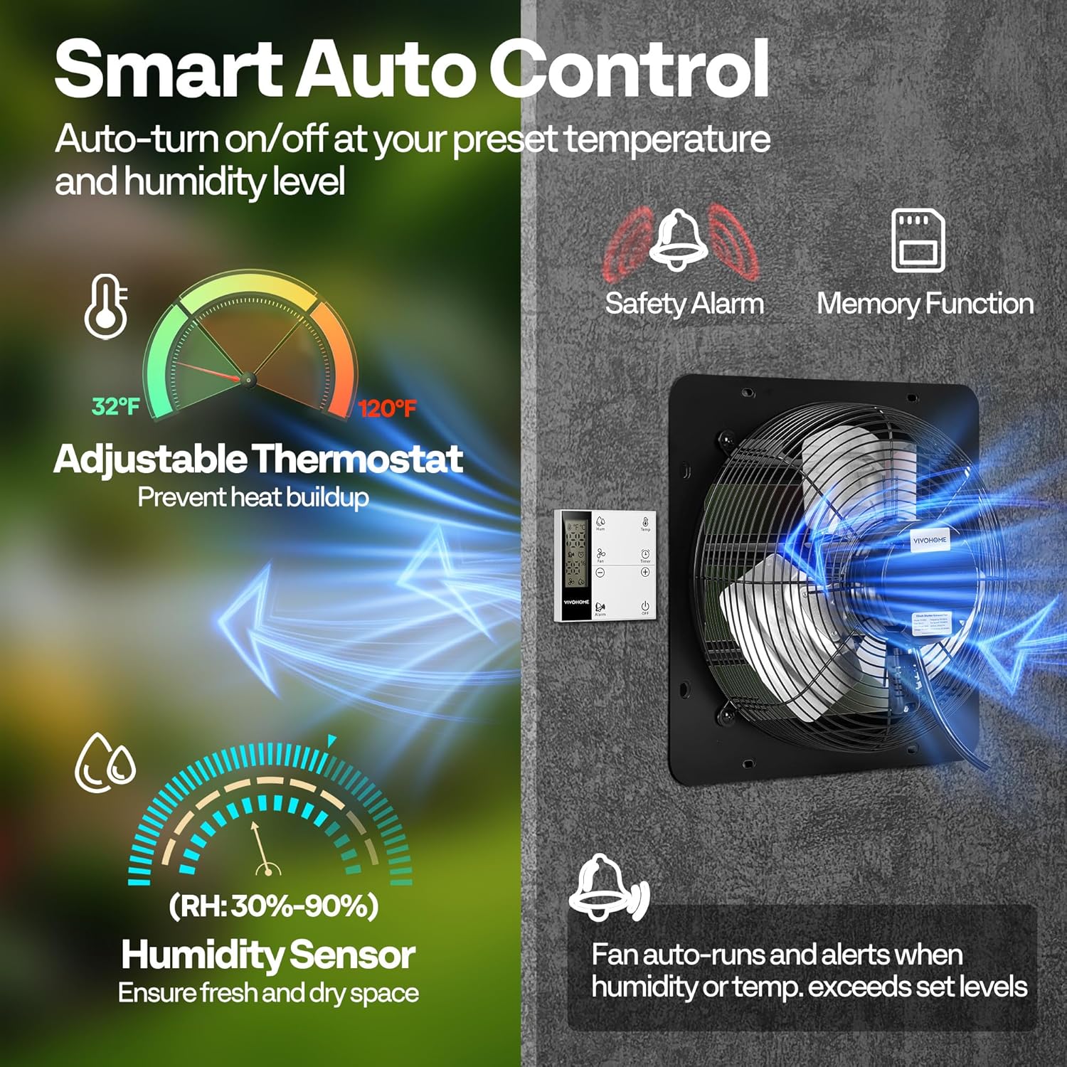 VIVOHOME 1300 CFM Attic Fan with Thermostat - Smart Temperature & Humidity Control, EC Motor Variable Speed, Wall Mount Exhaust for Garage, Workshop, Greenhouse, Remote Included - Image 3