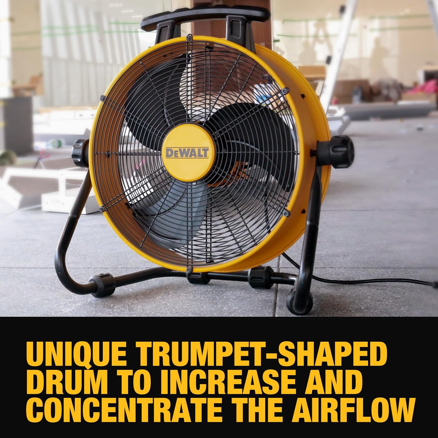 DEWALT DXF1840 Floor Fan, Industrial Fans, 18 Inch High Velocity Fan with 3-Speed Heavy Duty Air Circulator and 180 Adjustable Tilt, Large Electric Metal Rotating Garage Fan, Drum fan for Work, Yellow - Image 5