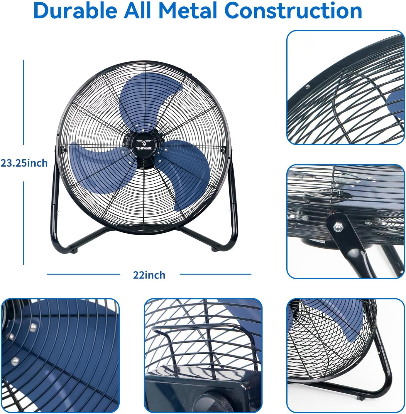 20 Inch High Velocity Industrial Floor Fan, 3-Speed Heavy Duty Metal Cradle Floor Fans with 360° Tilt for Warehouse, Workshop, Garage, Factory and Basement, Black & Blue - Image 5