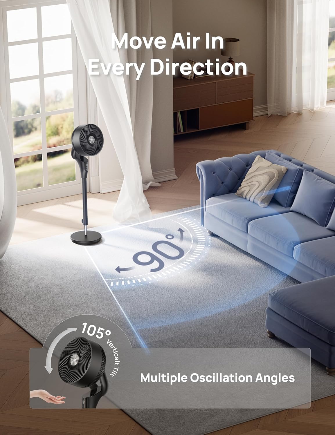 DREO Fan for Bedroom, 90° Oscillating Standing Fan, 20dB Quiet, 90ft Pedestal Fans for Room Office, DC Motor, 8+H Speeds, 3 Modes, 38-42'' Adjustable Height, Remote, 8H Timer, 105° Manual Vertical - Image 4
