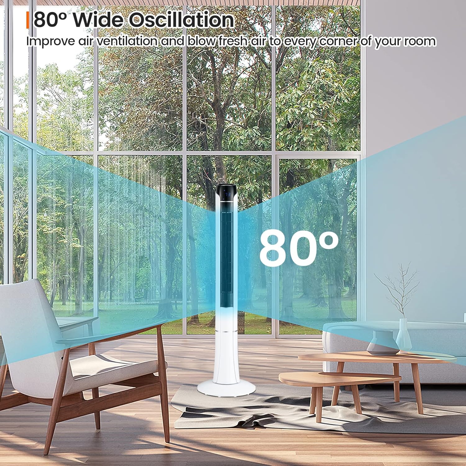 Tangkula 48-Inch Tower Fan with Remote Control, Quiet Bladeless Tower Fan w/ 3 Speeds, 3 Modes, 1-15H Timer & LED Display, 80° Oscillating Floor Standing Fan, Portable Circulating Fan for Home Office - Image 7