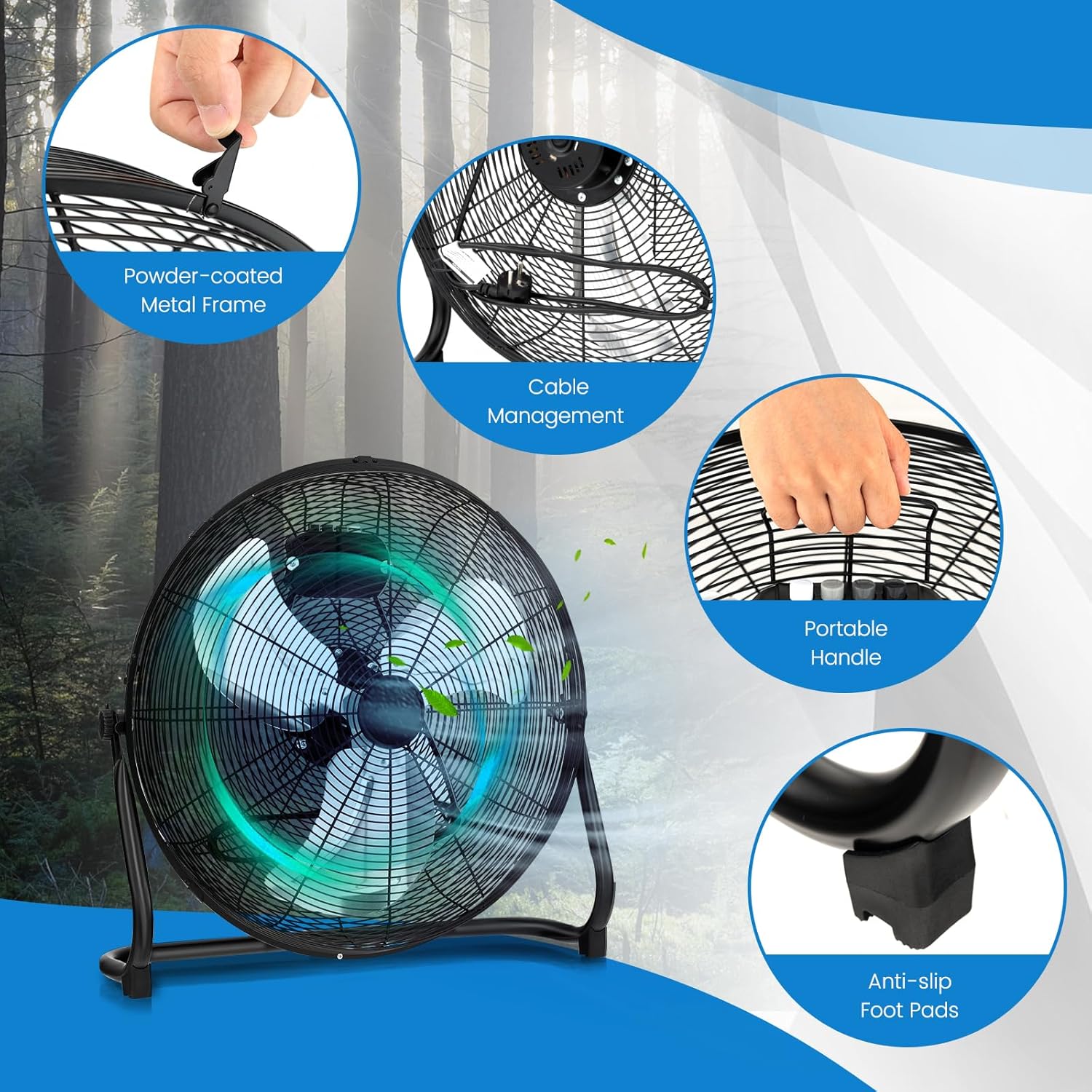 DORTALA 3-Speed High Velocity Floor Fan, 20 Inch Heavy Duty Metal Industrial Shop Fan with 145° Adjustable Tilt, for Commercial, Garage, Greenhouse, Warehouse, Workshop and Basement, Black - Image 7