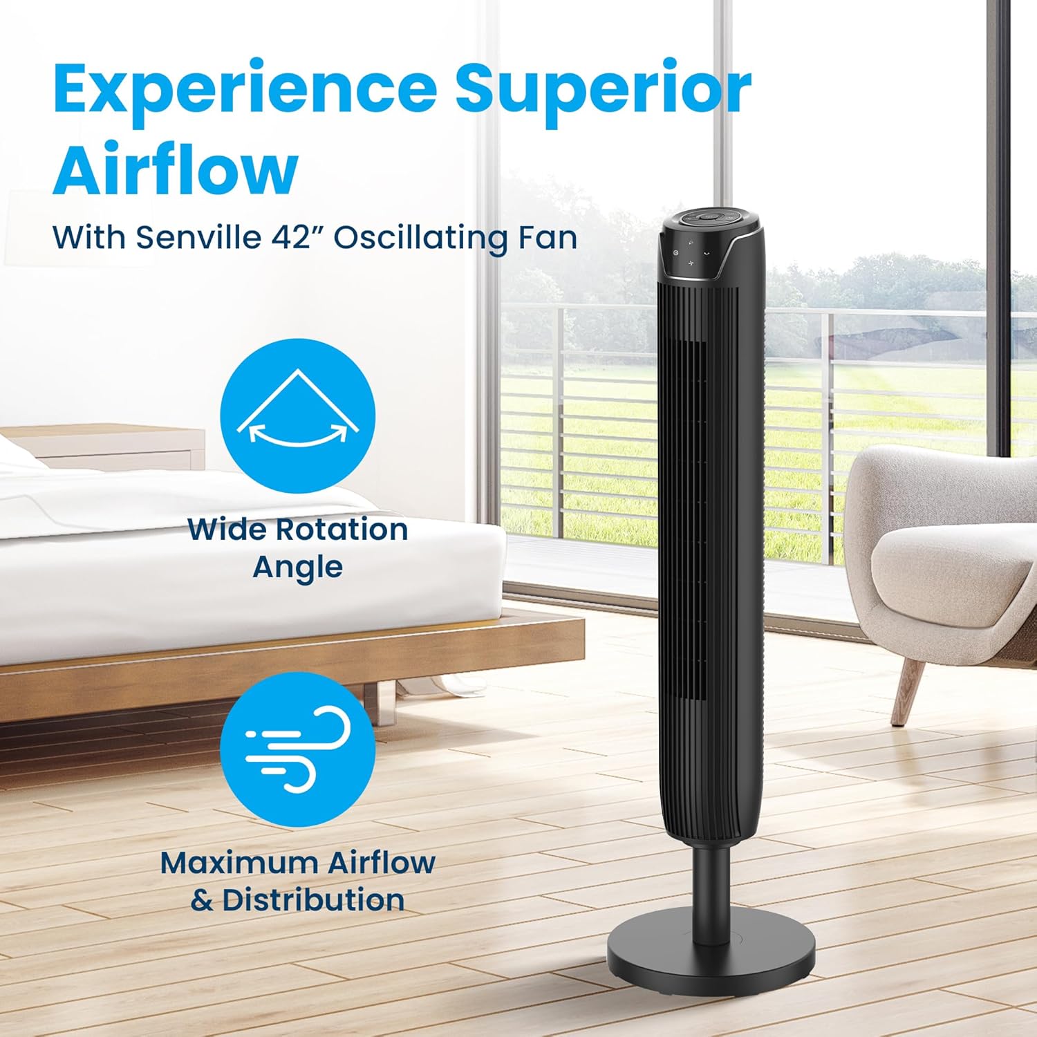 Senville 42" Oscillating Tower Fan for Bedroom, Remote, Bladeless, Quiet, 3 Modes, 7-Hour Timer, LED Display, Black - Image 2