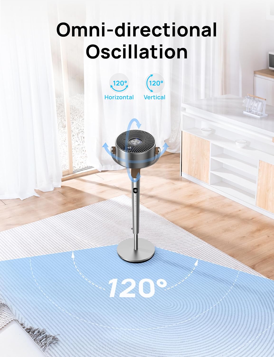 DREO 23dB Silent Standing Fan, 120°+120°Omni-directional Oscillating Fan For Bedroom, 80 ft Circulator With Remote, DC Motor Quiet Pedestal Fans, Adjustable Height, 8 Speeds, 3 Modes, 8H Timer - Image 4