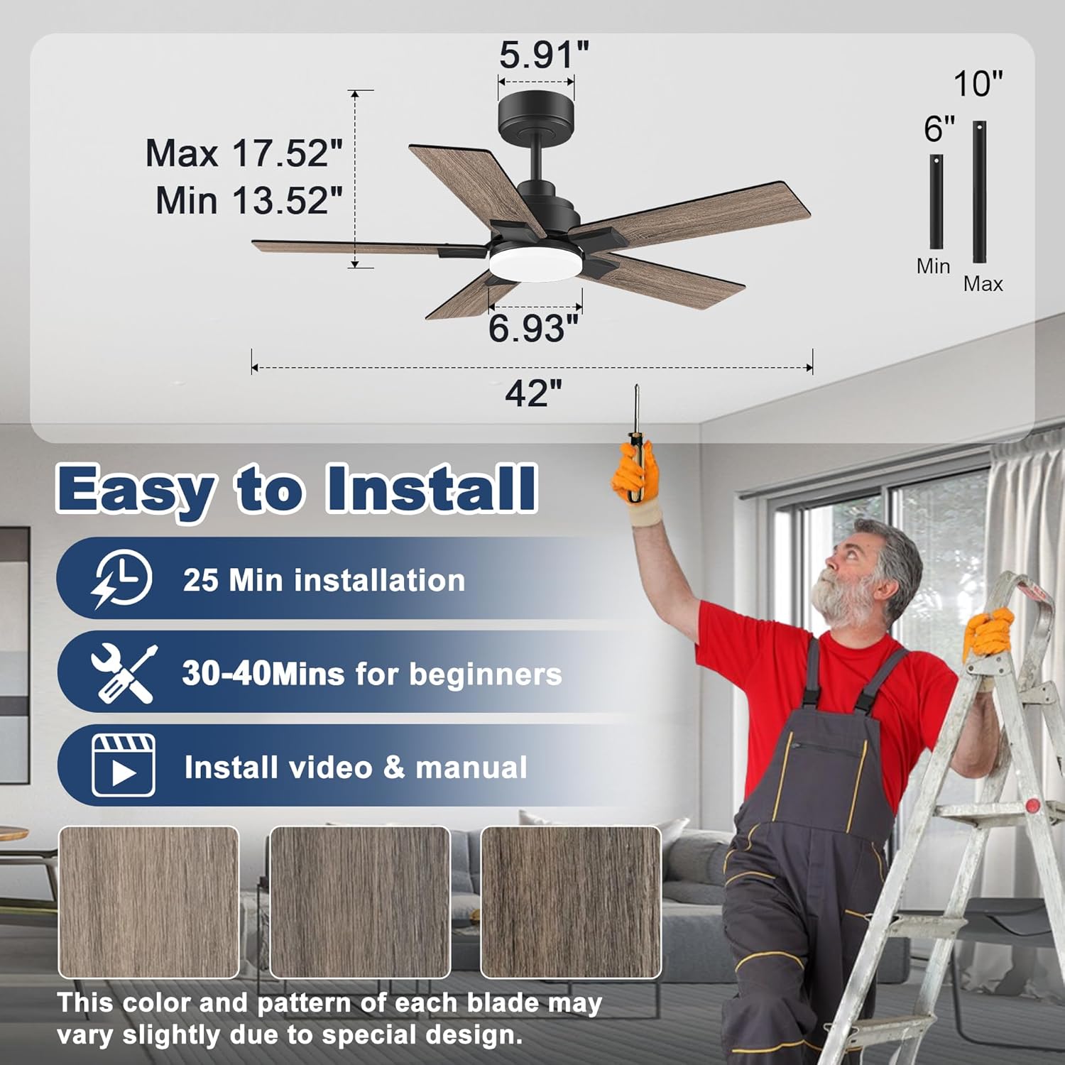 cumilo 42inch Downrod Ceiling Fan with Lights and Remote,Ultra Quite DC Motor,6 Reversible Speed,Energy-efficient,Modern Outdoor&Indoor 5 Fan Blades for Bedroom Living Room Patio Porch,Balck&Walnut - Image 3