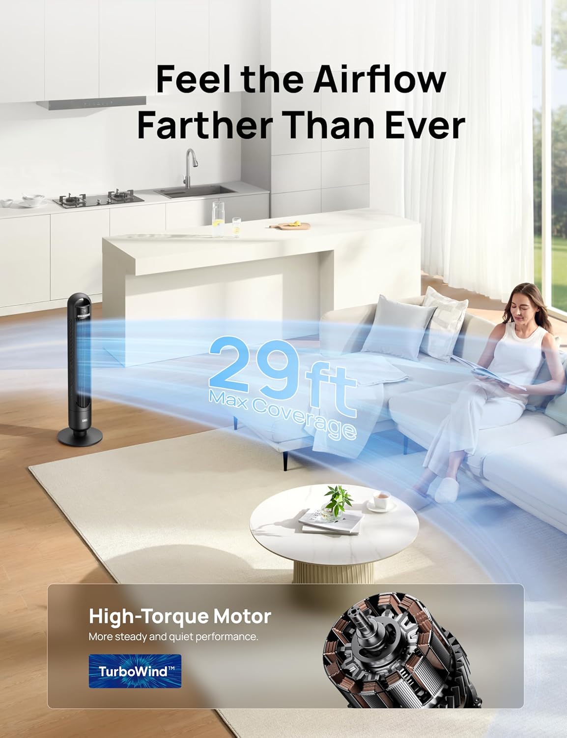 DREO Smart Tower Fan for Bedroom, 90° Oscillating Standing Fans for Room with 4 Speeds, 4 Modes, 25dB Quiet for Sleep, 25ft/s Velocity, 8H Timer, Remote/App/Voice Control for Living Room, Office, Home - Image 3