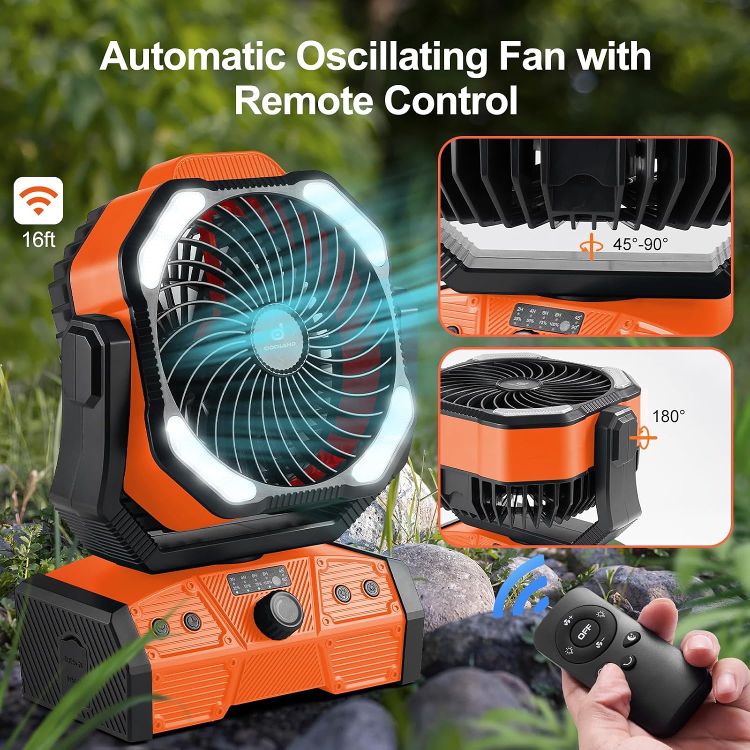 Odoland 40000mAh Camping Fan with LED Light, Auto-Oscillating Desk Fan with Remote & Hook, Rechargeable Battery Operated Outdoor Tent Fan with Timer, Power Fan for Camp,Travel,Jobsite and Beach,Orange - Image 6