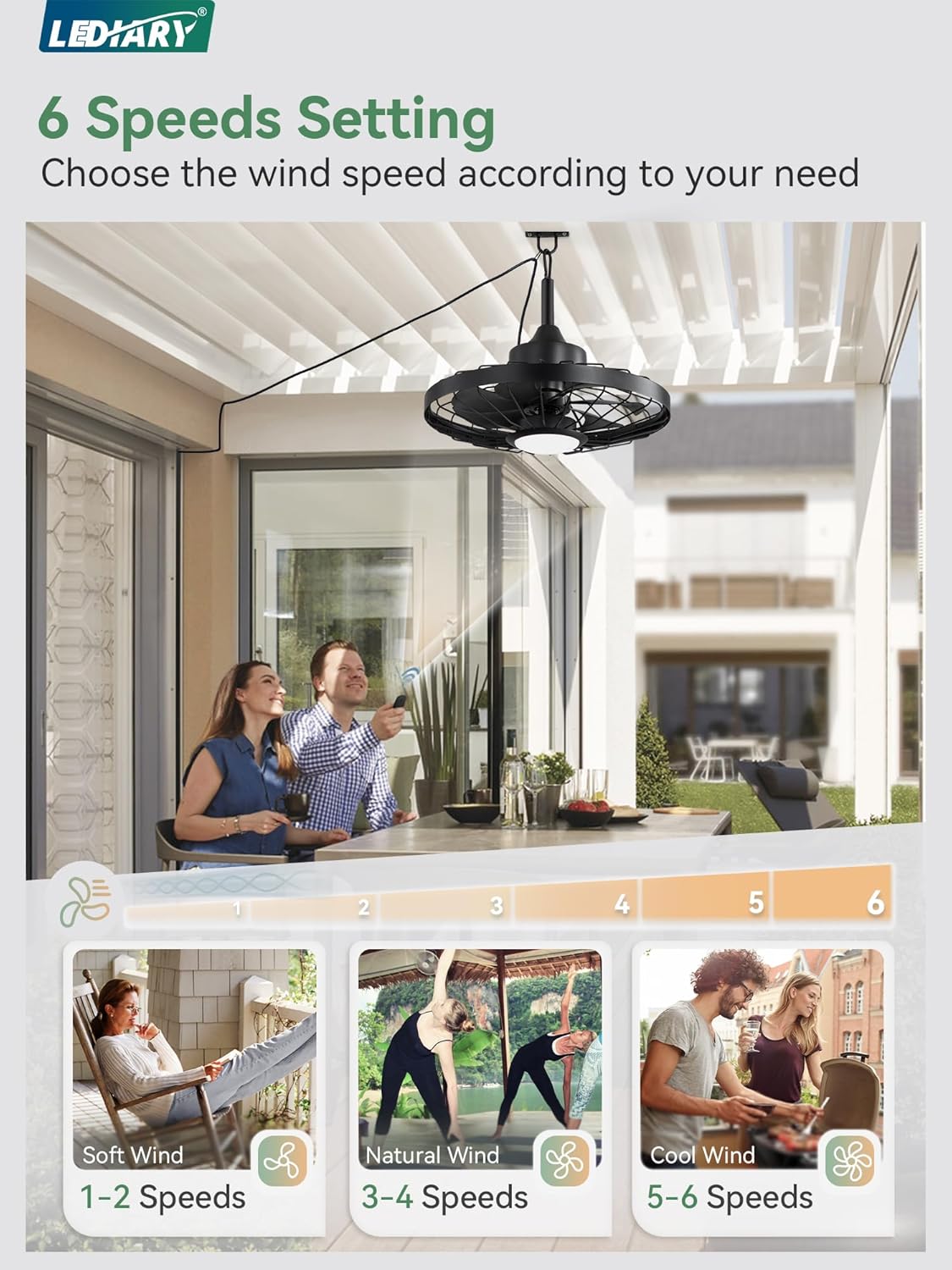 LEDIARY 20" Outdoor Ceiling Fan with Lights,IP65 Waterproof Gazebo Hanging Fan with Remote Control Smart App, Plug in Caged Ceiling Fan with 3CCT 6-Speeds for Patio Porch Pergola(Black) - Image 3