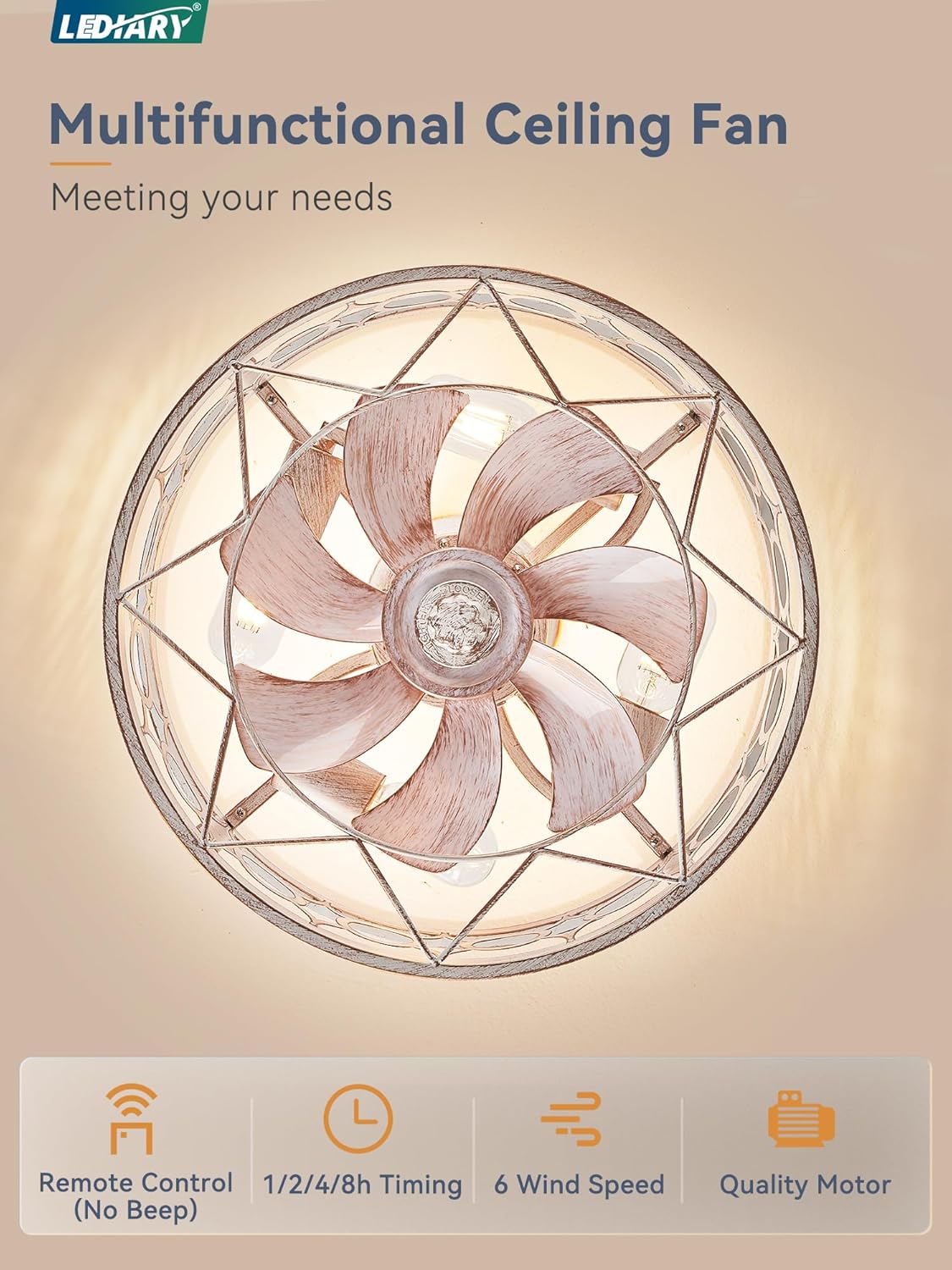 LEDIARY Caged Ceiling Fan with Light and Remote, 16in Small Low Profile Ceiling Fans with Lights, 6 Speed and Reversible Farmhouse Flush Mount Ceiling Fan for Bedroom, Kitchen, Living room - Image 4