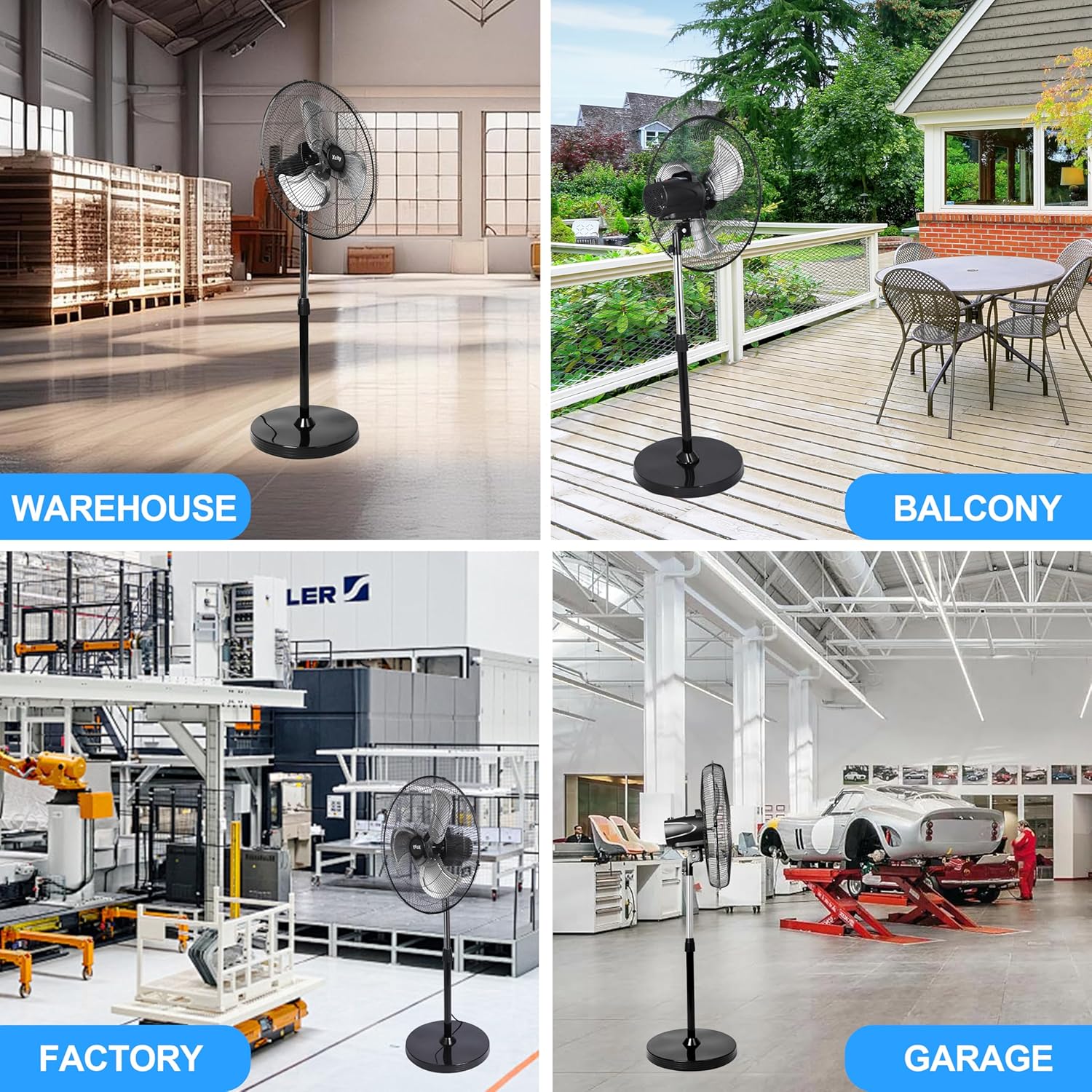 Xcity 20 inch Pedestal Oscillating Fan, 3-Speed Metal Standing Fan, Max 3600 CFM, Adjustable Height & Tilt, Heavy Duty Industrial Fans for Patio, Garage, Home & Office, Black - Image 7