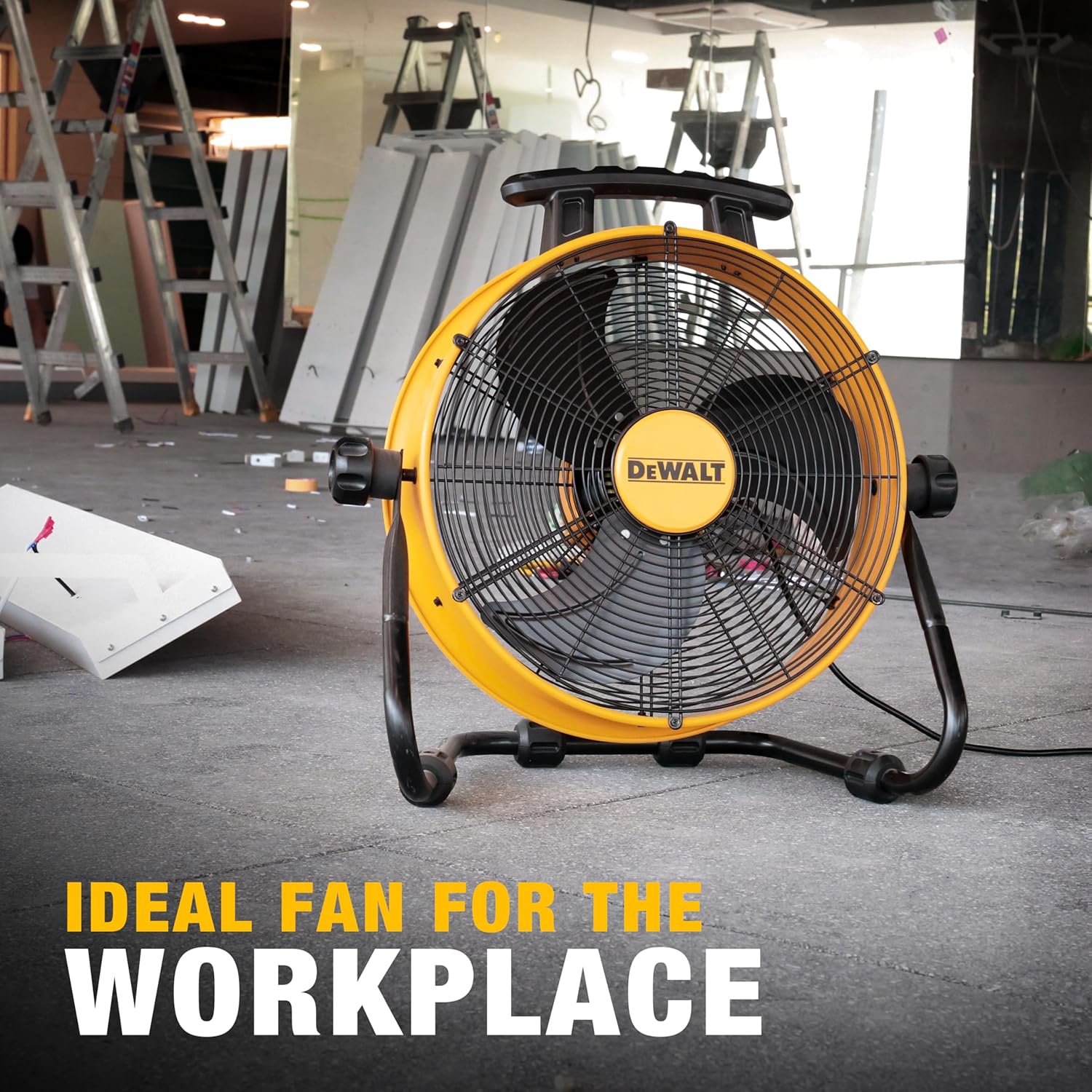 DEWALT DXF1840 Floor Fan, Industrial Fans, 18 Inch High Velocity Fan with 3-Speed Heavy Duty Air Circulator and 180 Adjustable Tilt, Large Electric Metal Rotating Garage Fan, Drum fan for Work, Yellow - Image 7